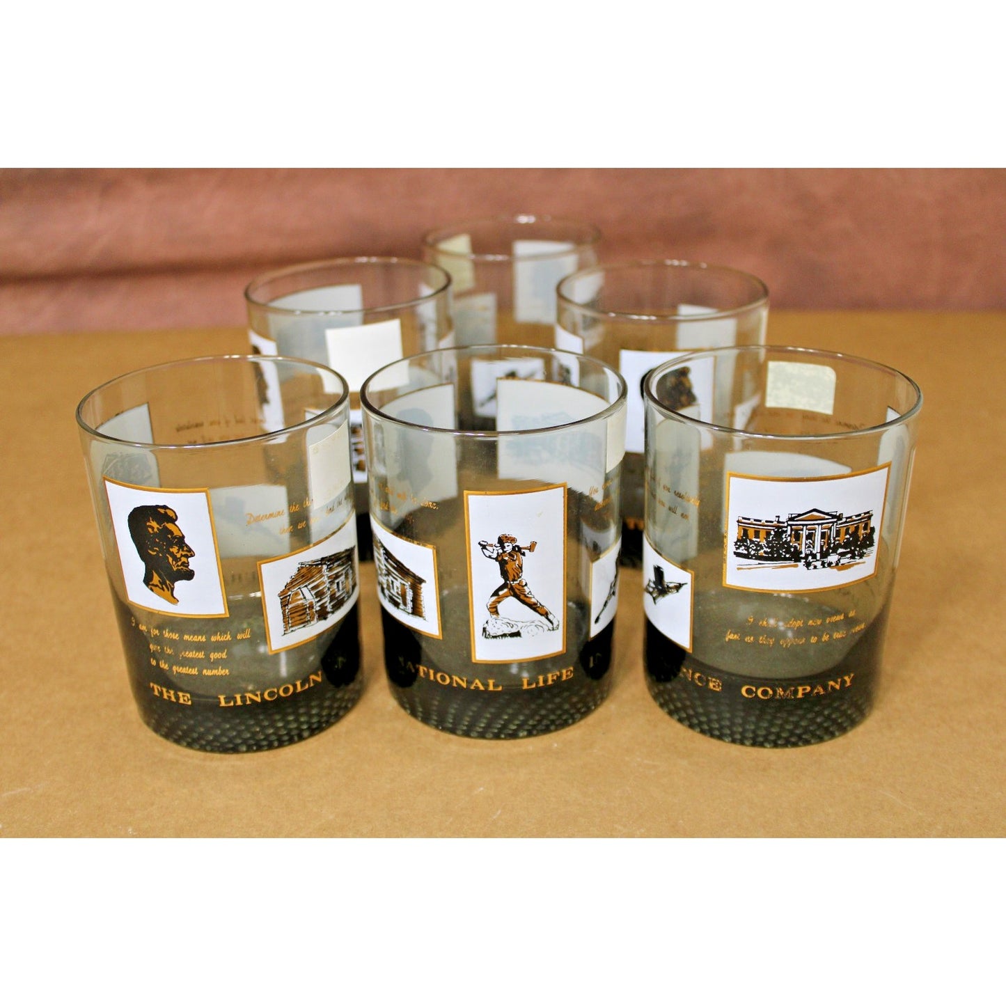 VTG Smoked Glass Gold Drinkware/ Whiskey Glasses, Lincoln National Life Advert.
