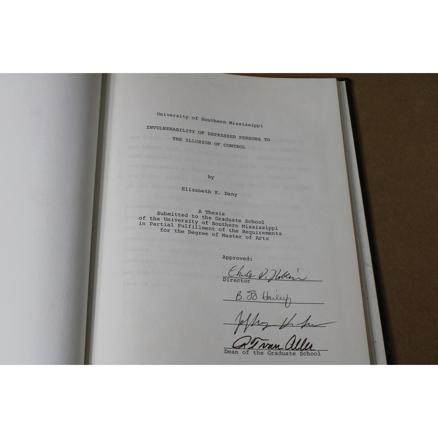 Vintage Thesis Univesity of Southern Mississippi Hattiesburg, Mental Health 1985