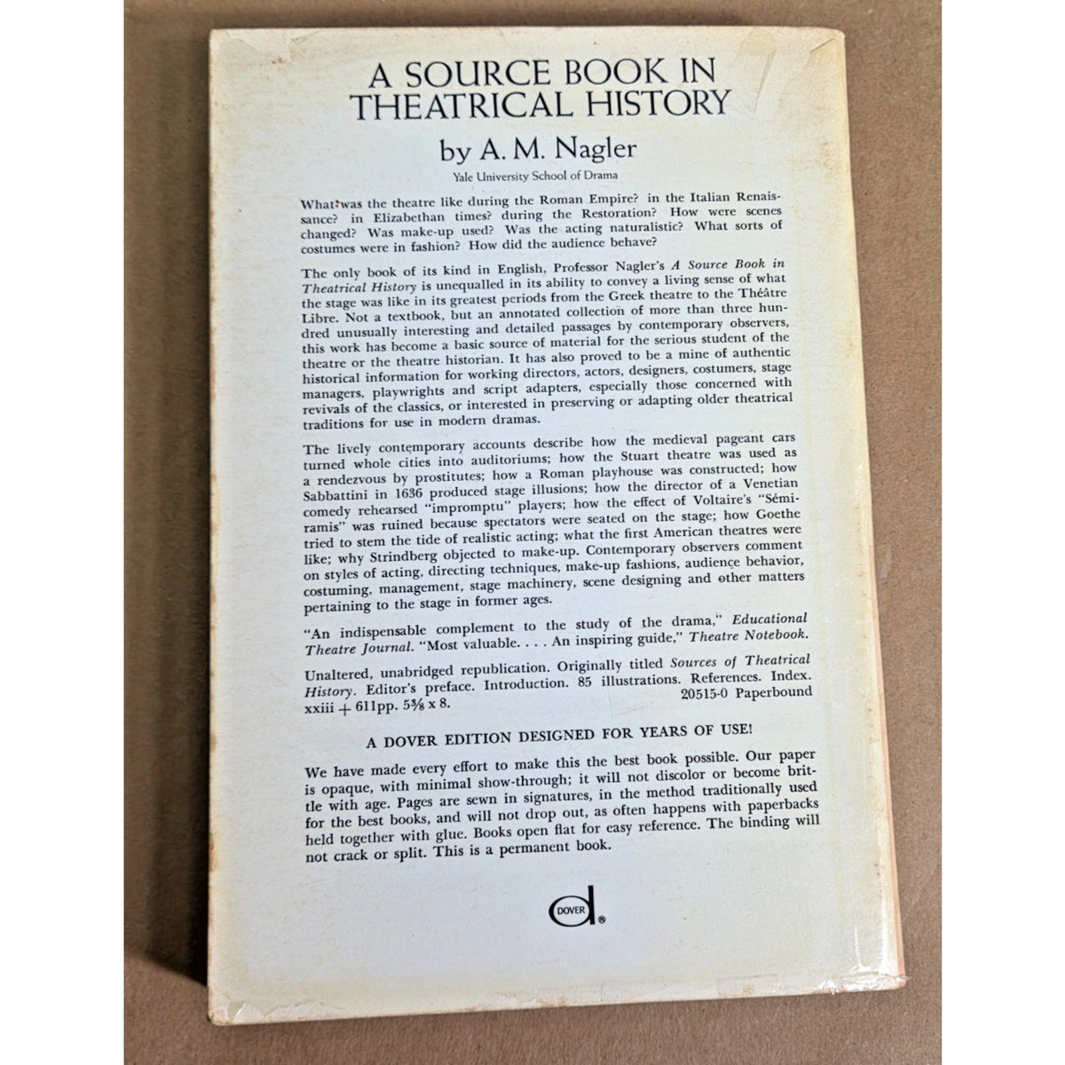 Vintage A. M. Nagler "A Source Book in Theatrical History" Dover Edition
