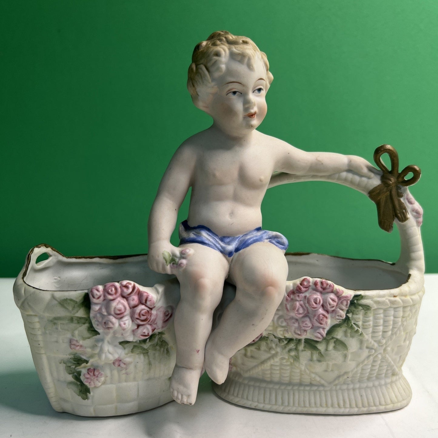 Antique Hal Sey Fifth Ave Cherub Bisque Figural Double Planter