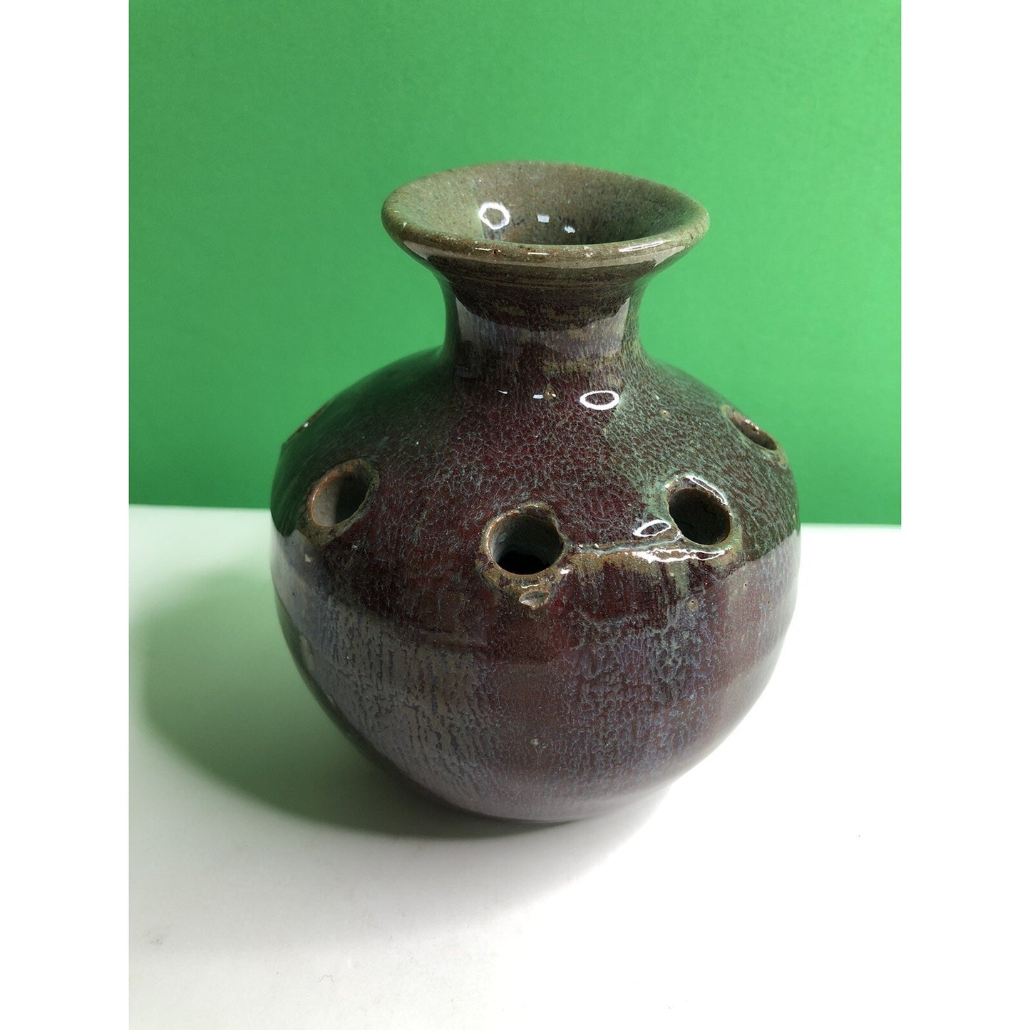 Vintage HAND MADE Studio Art Pottery FLOWER FROG JUG Vase Glazed Holes 4.5” High