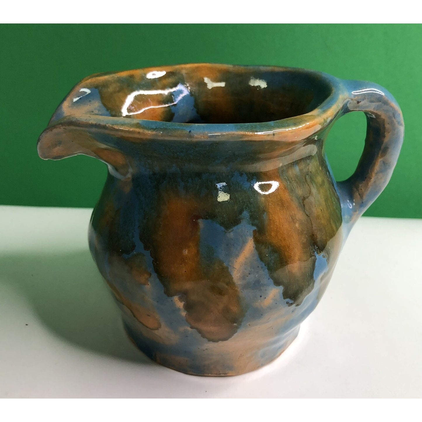 1940 Fairhope AL Art Pottery Pitcher Creamer By Georgia Drip Glaze Blue Orange