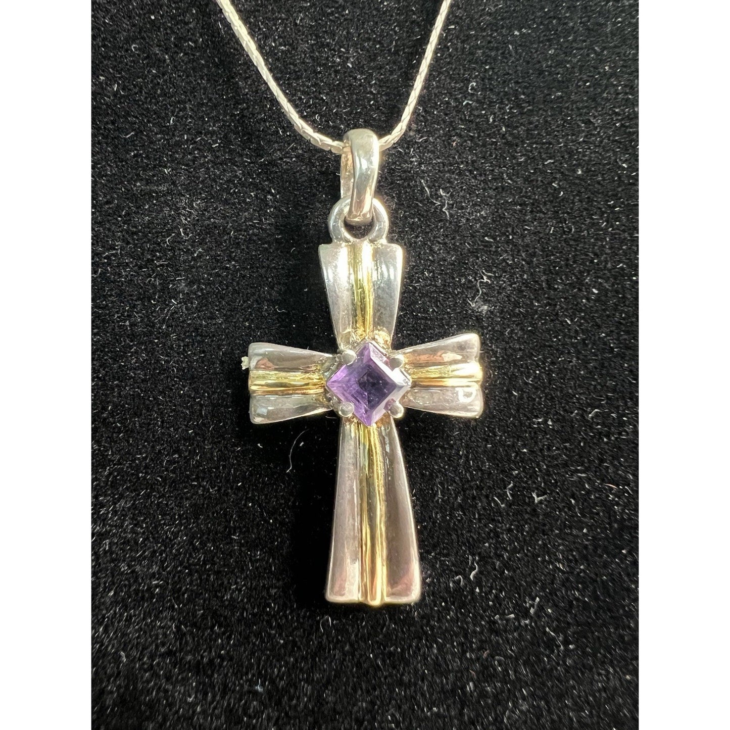 24” Sterling Silver 925 Chain And Cross Pendant Amethyst Purple Stone Necklace