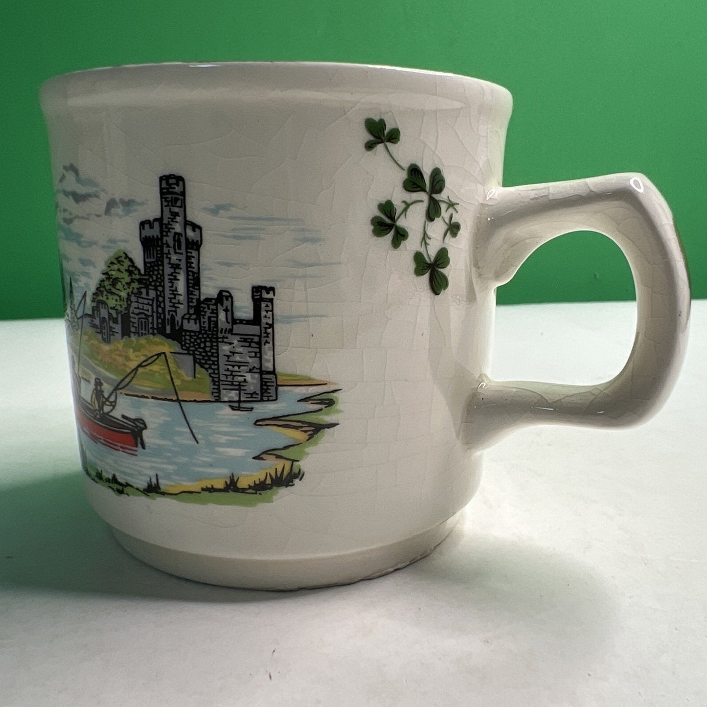 Vtg Carrigaline Pottery Irish Mug Cork Ireland Fisherman Scene Cup Crack Crazing