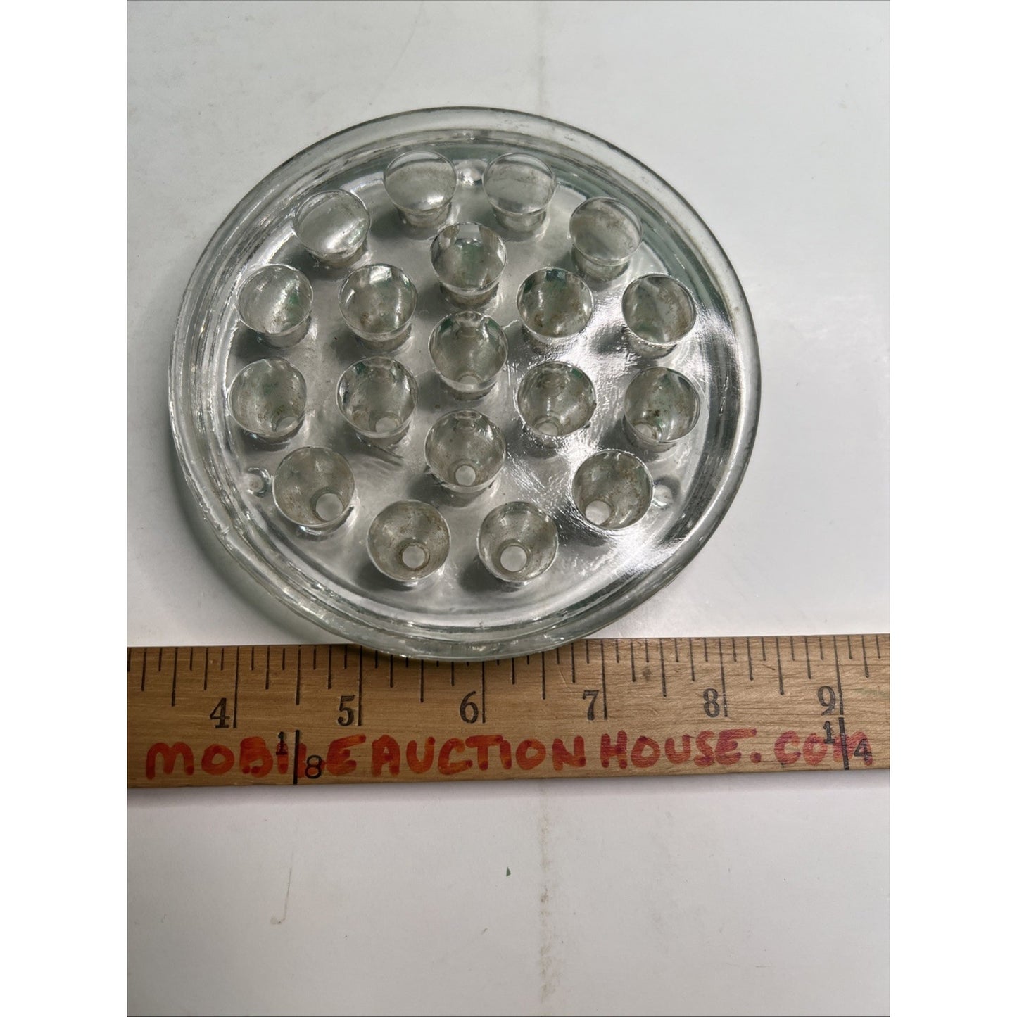 Vtg Clear Glass Flower Frog 19 Hole 5 In Heavy Round Floral Arranger
