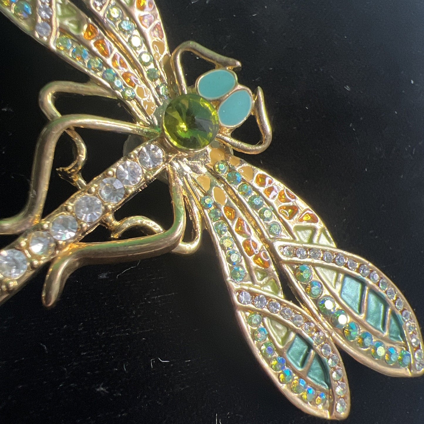 Vintage Dragonfly Brooch Pin Green & Blue Rhinestone Enamel 2.5” Long x 3” Wide