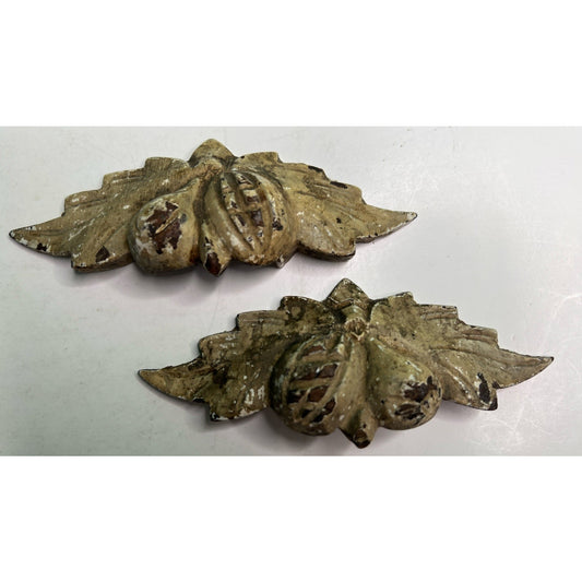 Lot Of 2 Antique Victorian Wood Carved Leaf And Fruit Drawer Pulls