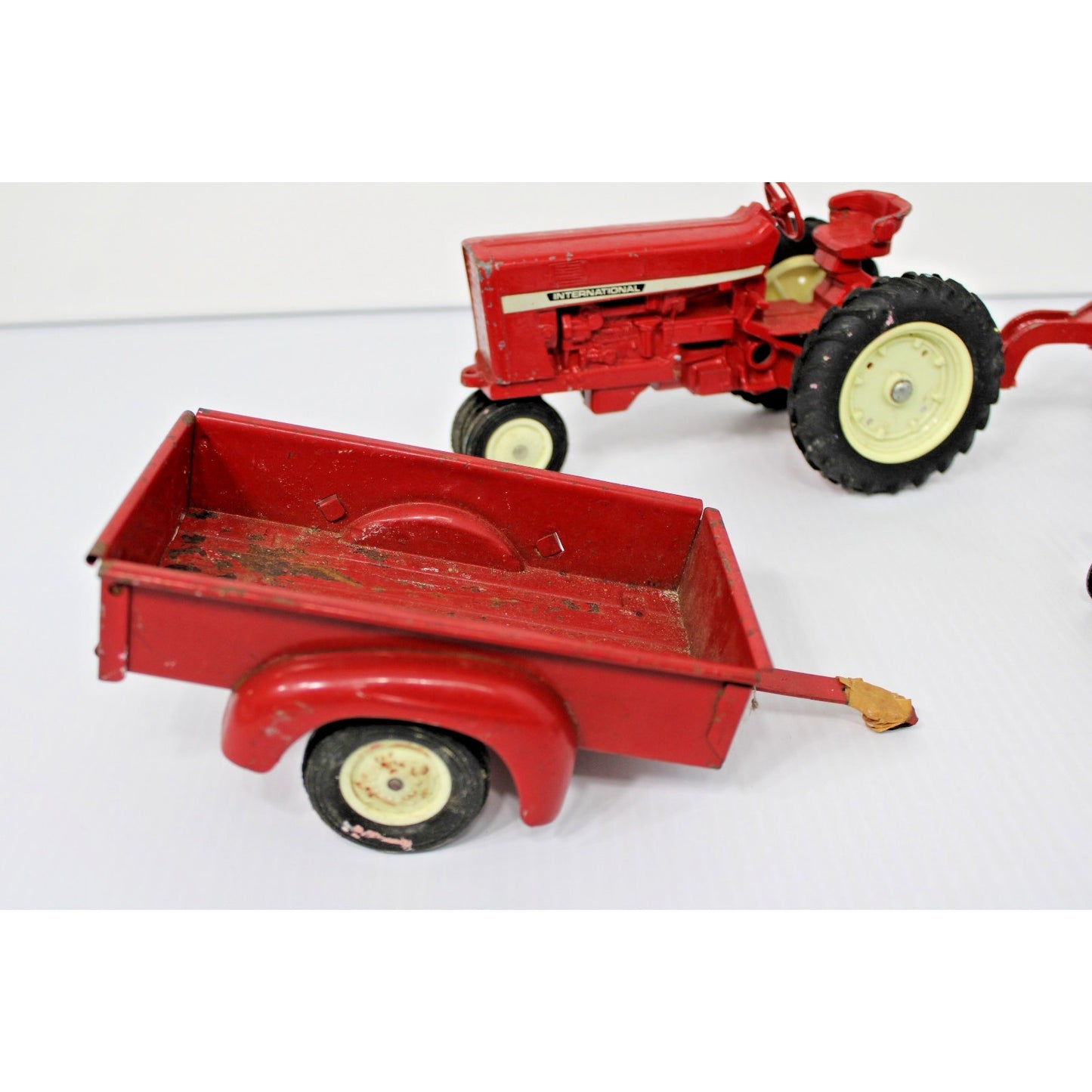Vintage ERTL Co. 1:16 Scale Metal International Tractor, Wagon, 2 Plows Toy Set