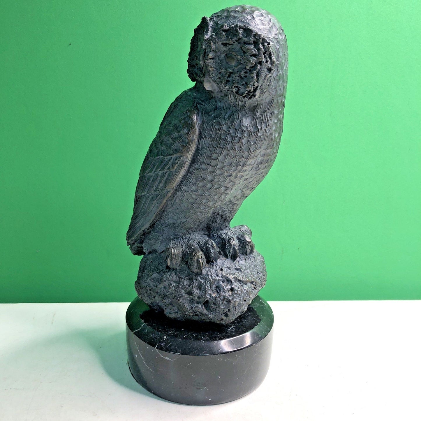 Realistic MCM Owl Bronze Sculpture Black Marble Base 11.25” Tall- 13 Pounds Bird