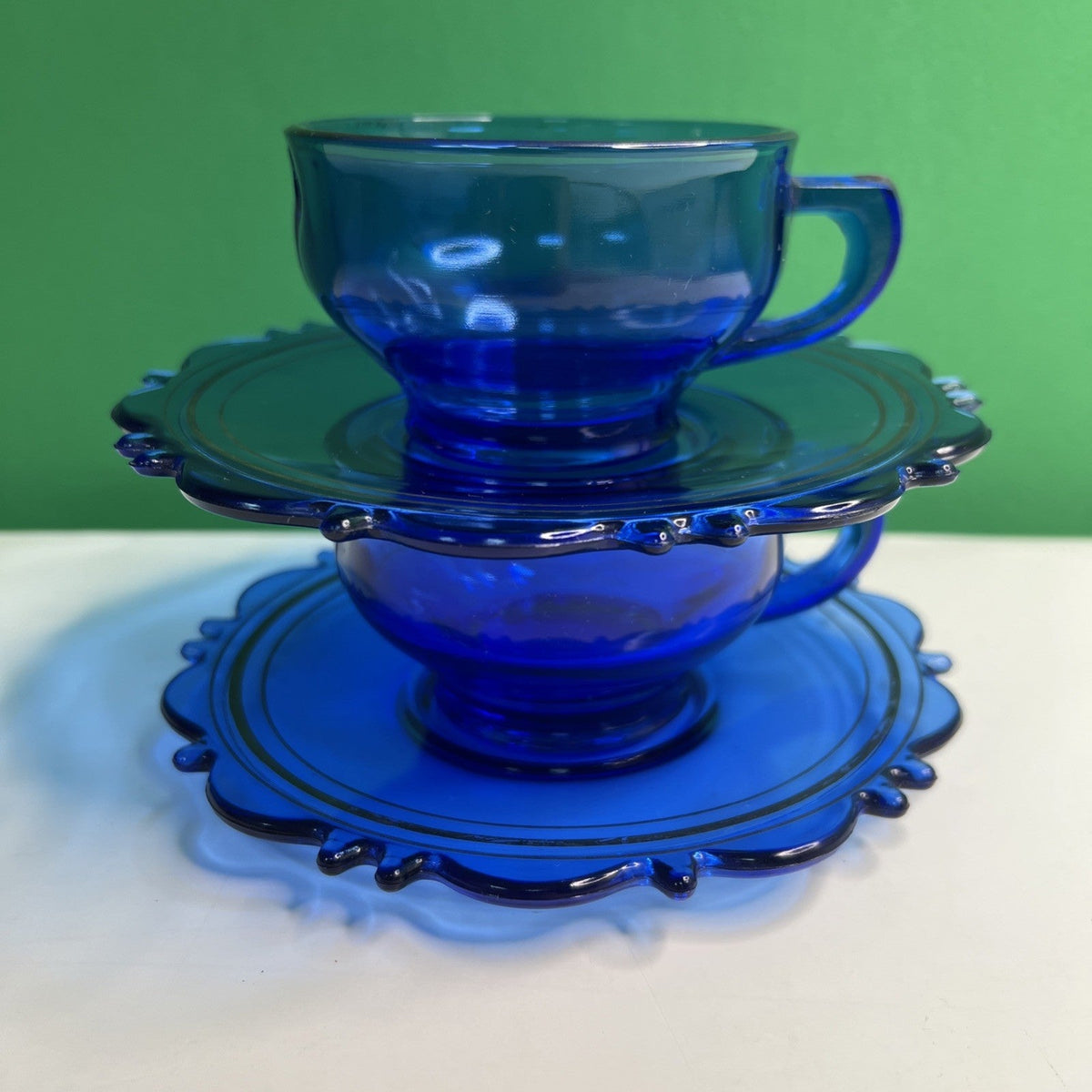 Two (2) L E Smith Mt Pleasant Cobalt Blue Cups & Saucers Vintage Pair