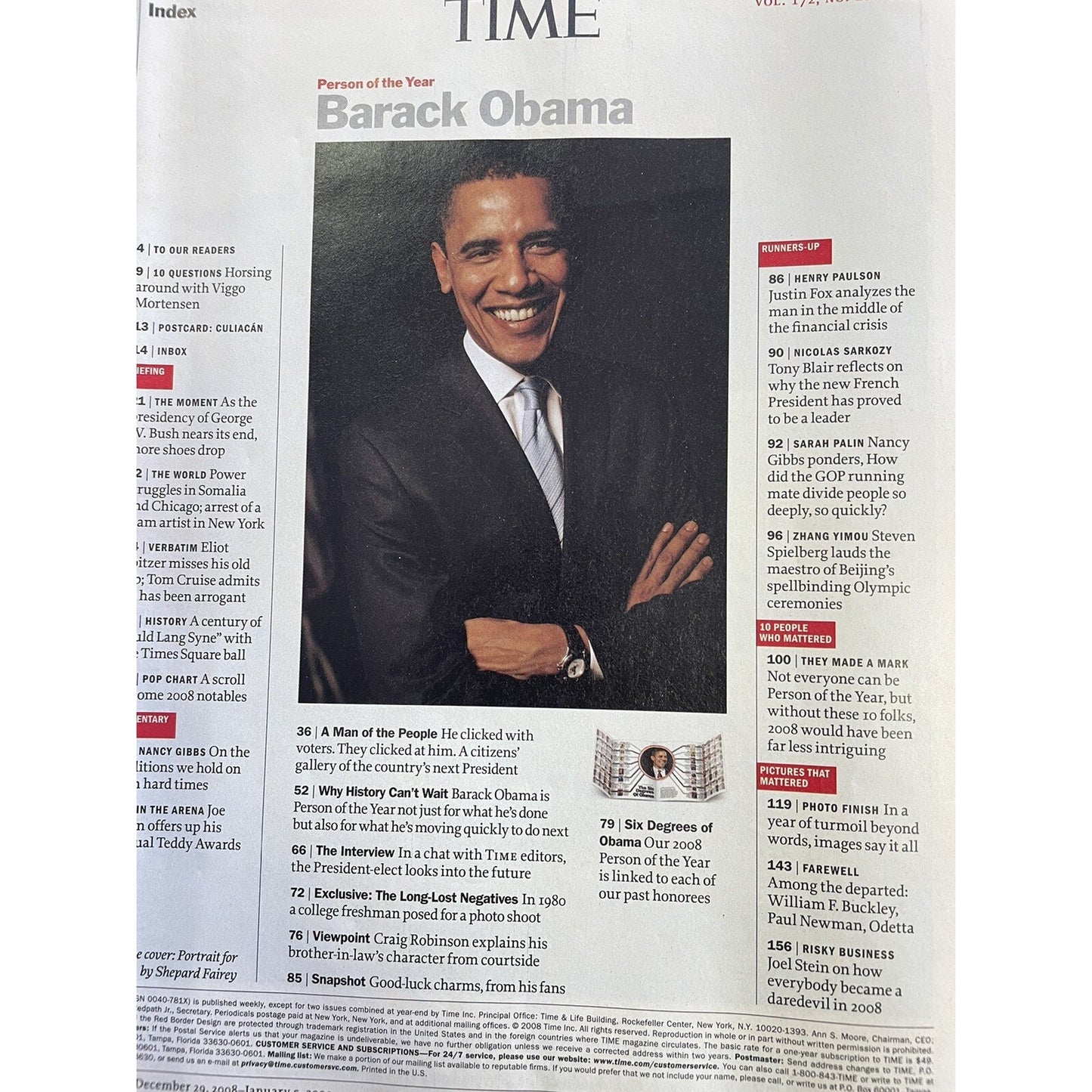 TIME Person Of The Year BARACK OBAMA No Label 12/2008-1/2009 POTUS President USA