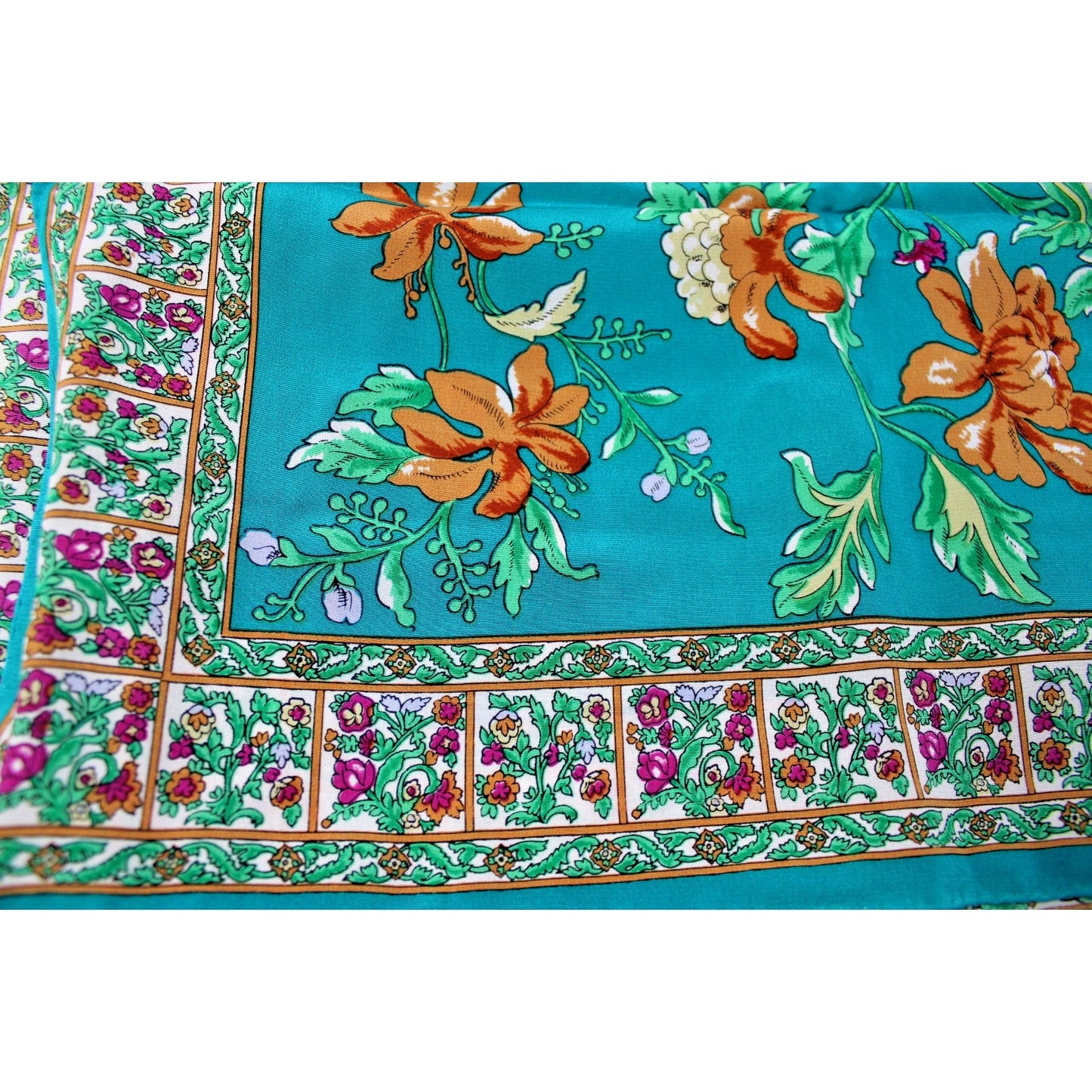 Vintage 100% Silk 35" Large Square Scarf/ Wrap, Teal Green Floral Sézane, Paris