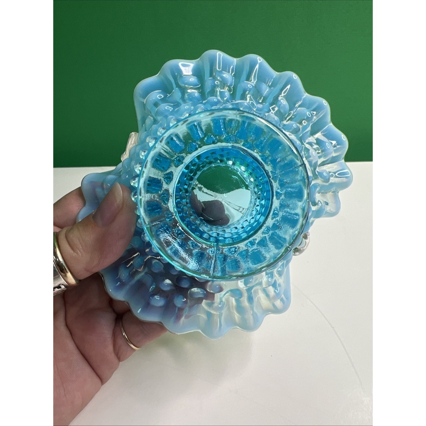 Vintage Fenton Blue Opalescent Hobnail Basket Ruffled Glass with Handle 6” Tall