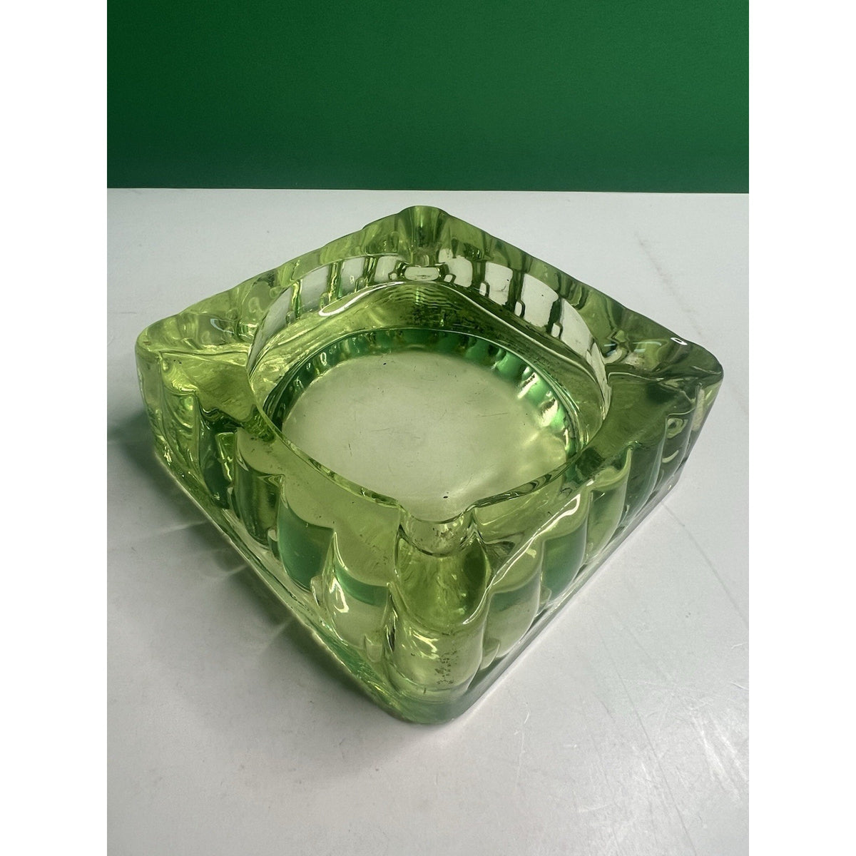 Vintage 4x4 Uranium Glass Ashtray Heavy Depression Green Glows Bright Tobacciano