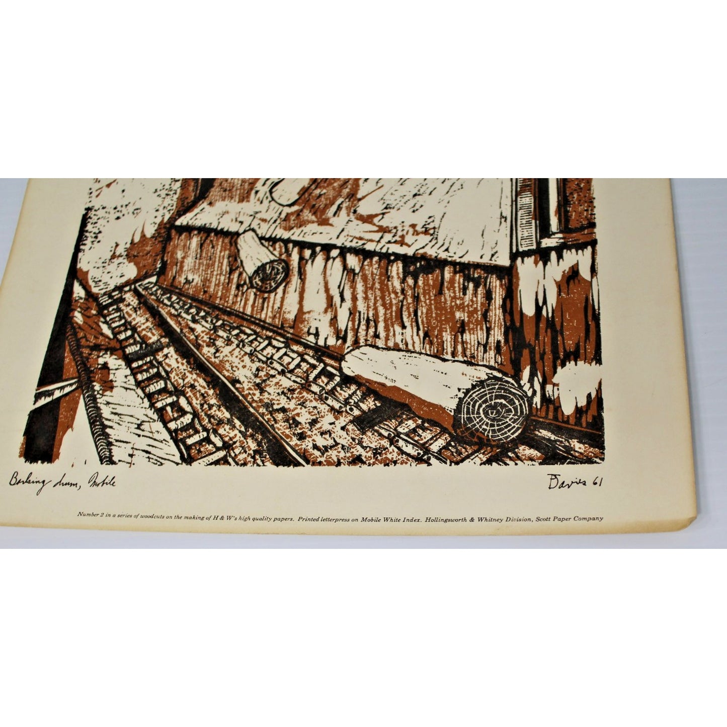 Vintage Woodcut by Ted Davies- Scott Paper Co Barking Drum, Mobile, AL 14" x 11"