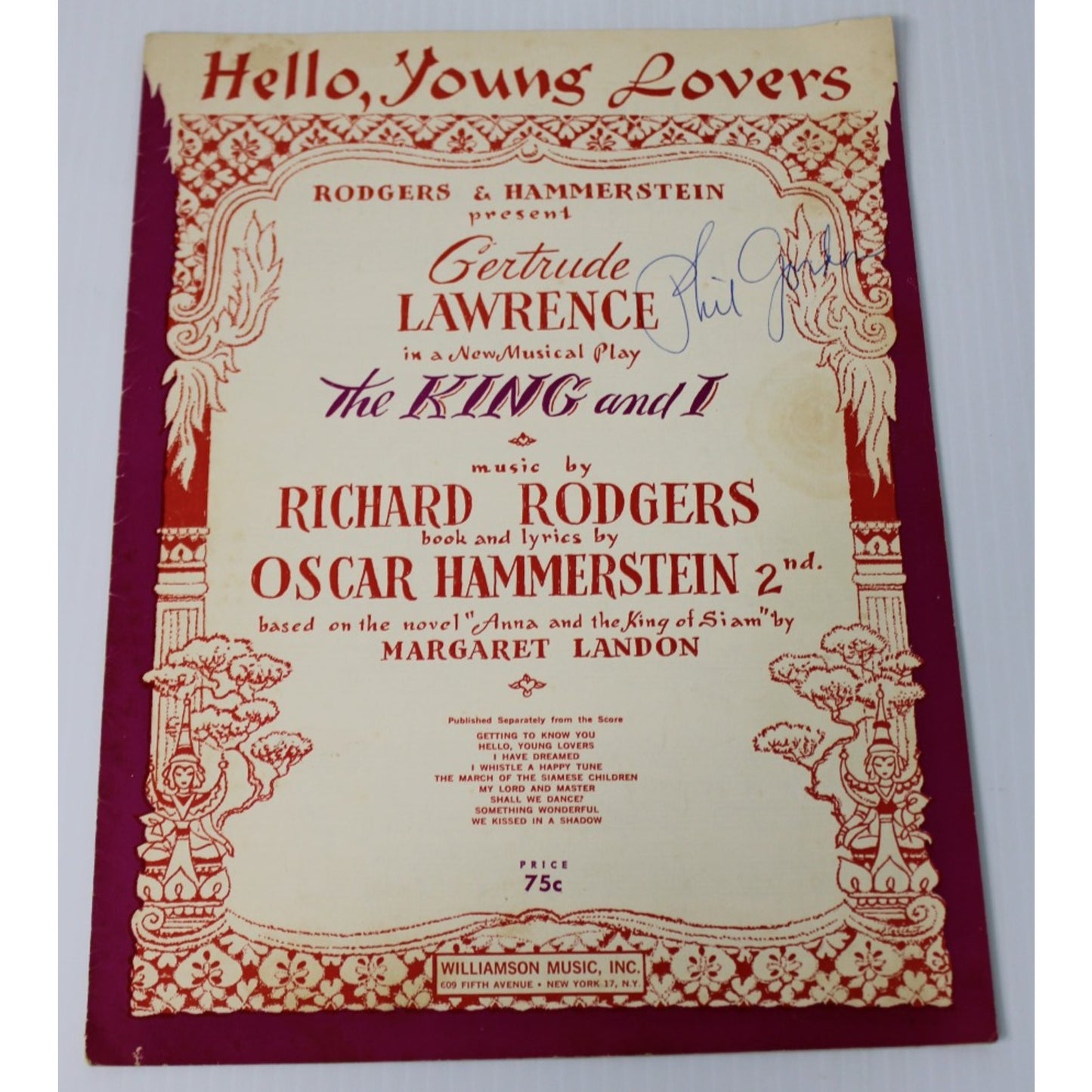 Vintage Sheet Music Hello, Young Lovers from The King & I, Signed by Phil Gordon