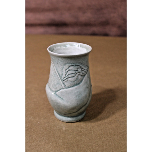Vintage 5-inch Celadon Vase with Raised Relief Abstract Design, Unmarked