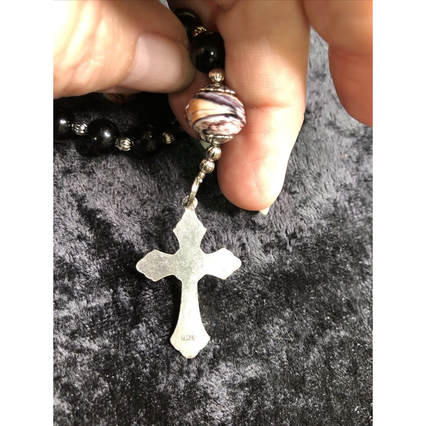 Small Auto Pocket Rosary Glass Beads Italian Charm Cross 7” Long