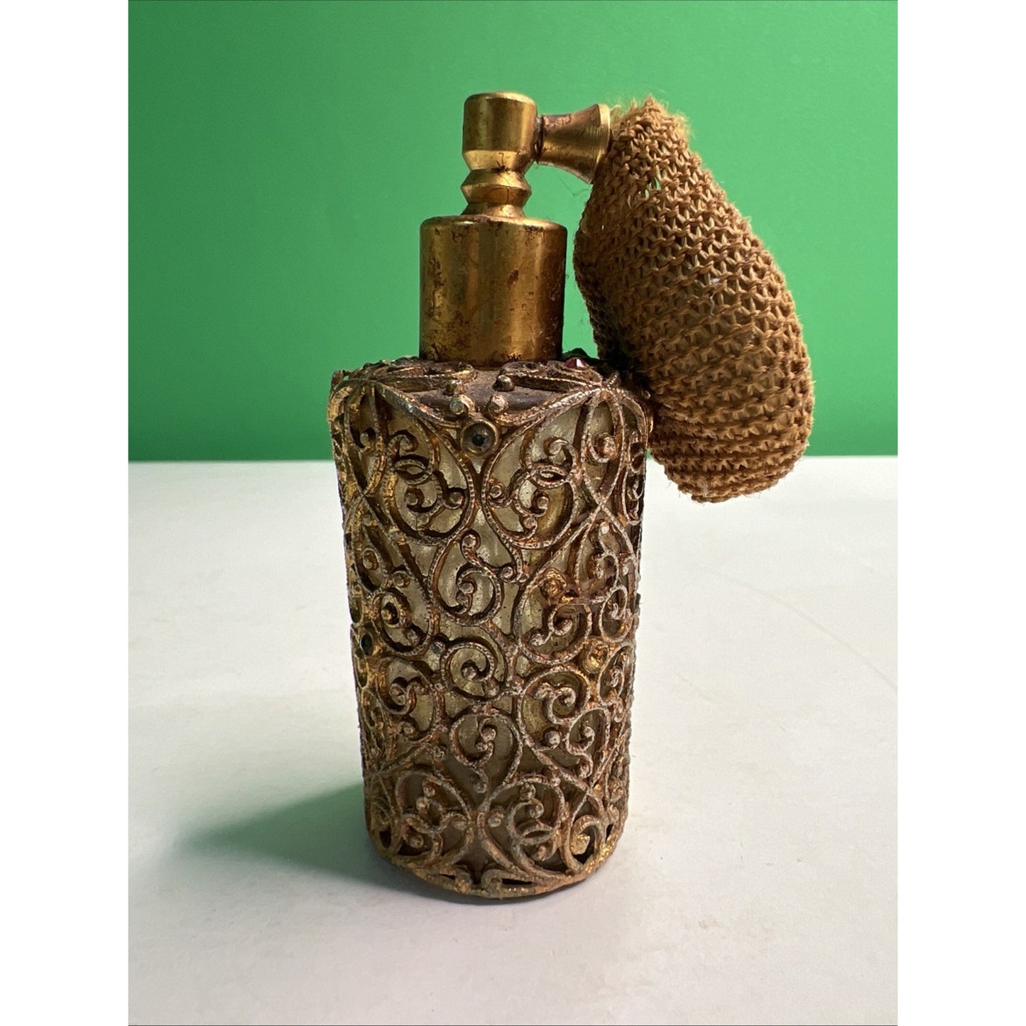 Vintage Gold Tone Perfume Bottle Filigree Ormolu Rhinestones Damaged Atomizer