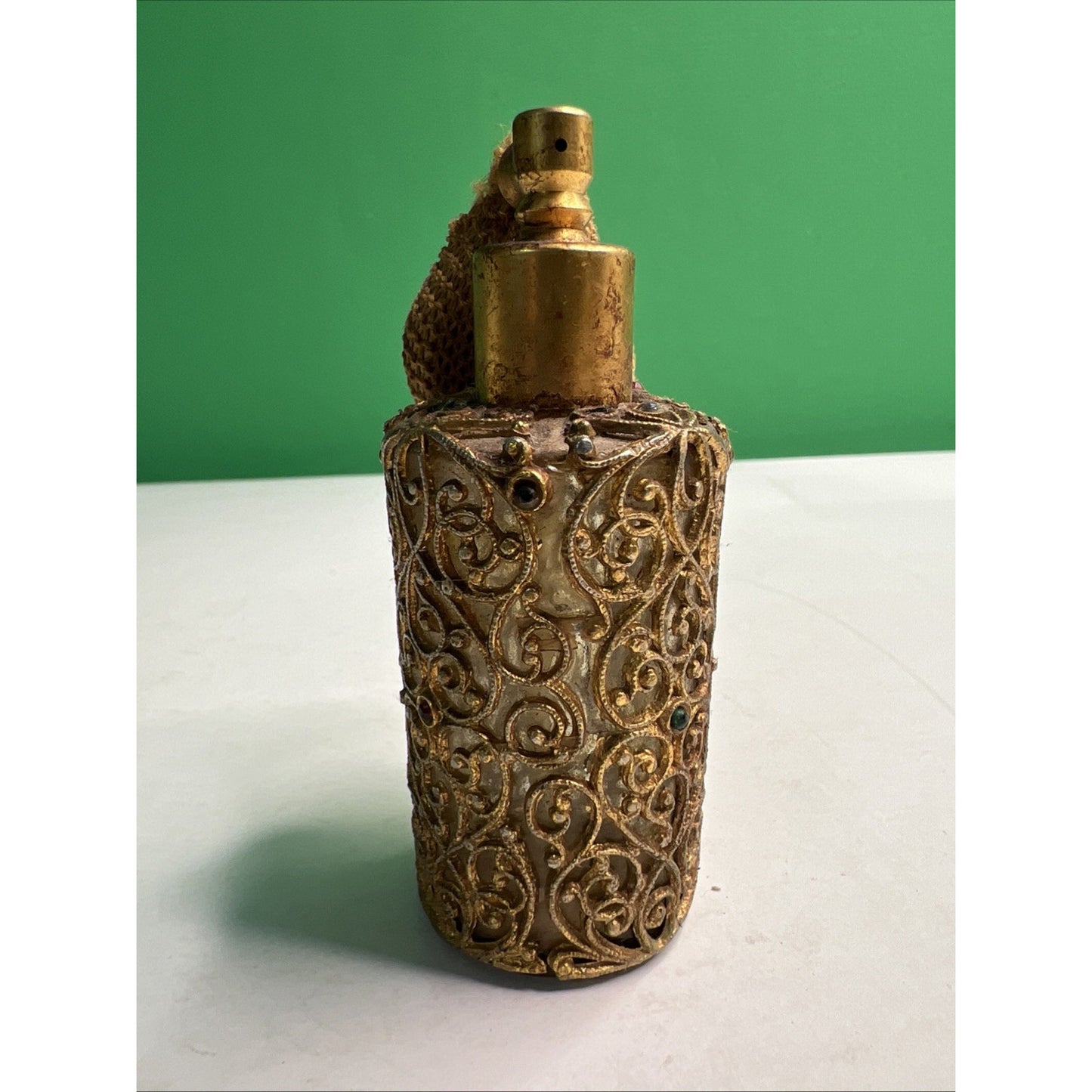 Vintage Gold Tone Perfume Bottle Filigree Ormolu Rhinestones Damaged Atomizer