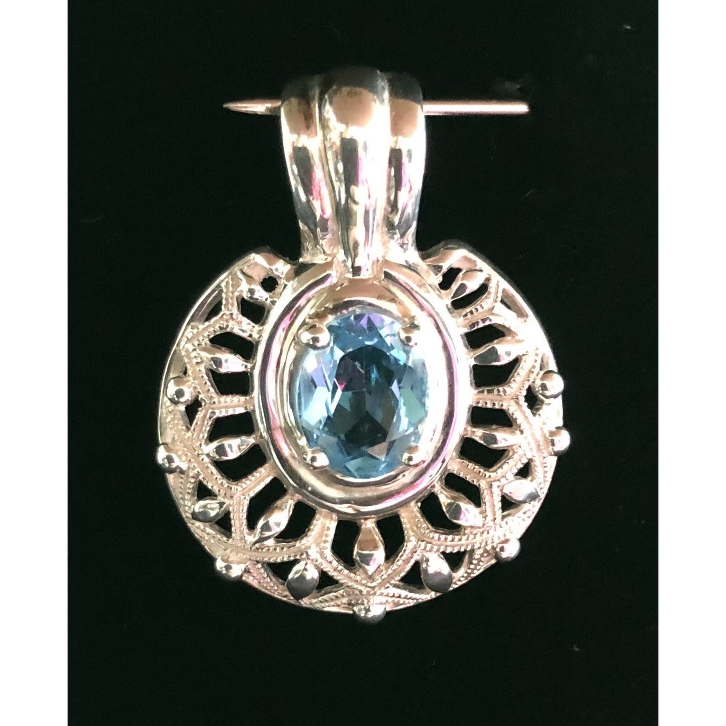 Openwork Filigree Blue Topaz Pendant Signed CNA Sterling Silver 925