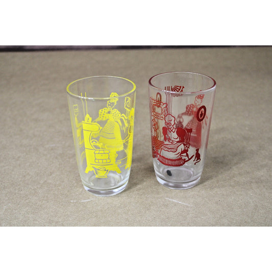 Colorful Vintage Juice Glass Pair, Ladies at Tea, Quaint, Cozy, Retro 3.75" H