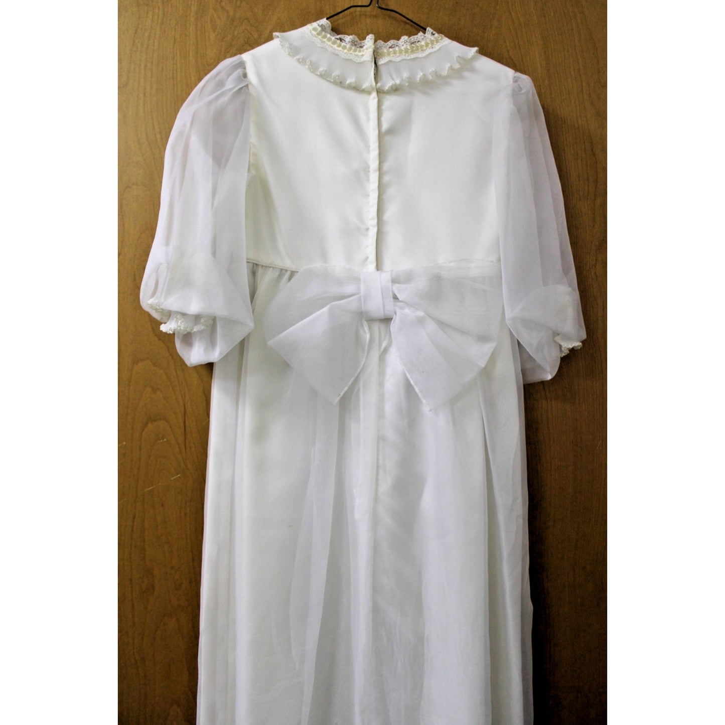 Vtg 70s Emma Domb White Organza Wedding Dress Sheer Balloon Sleeve Back Bow Sz 7