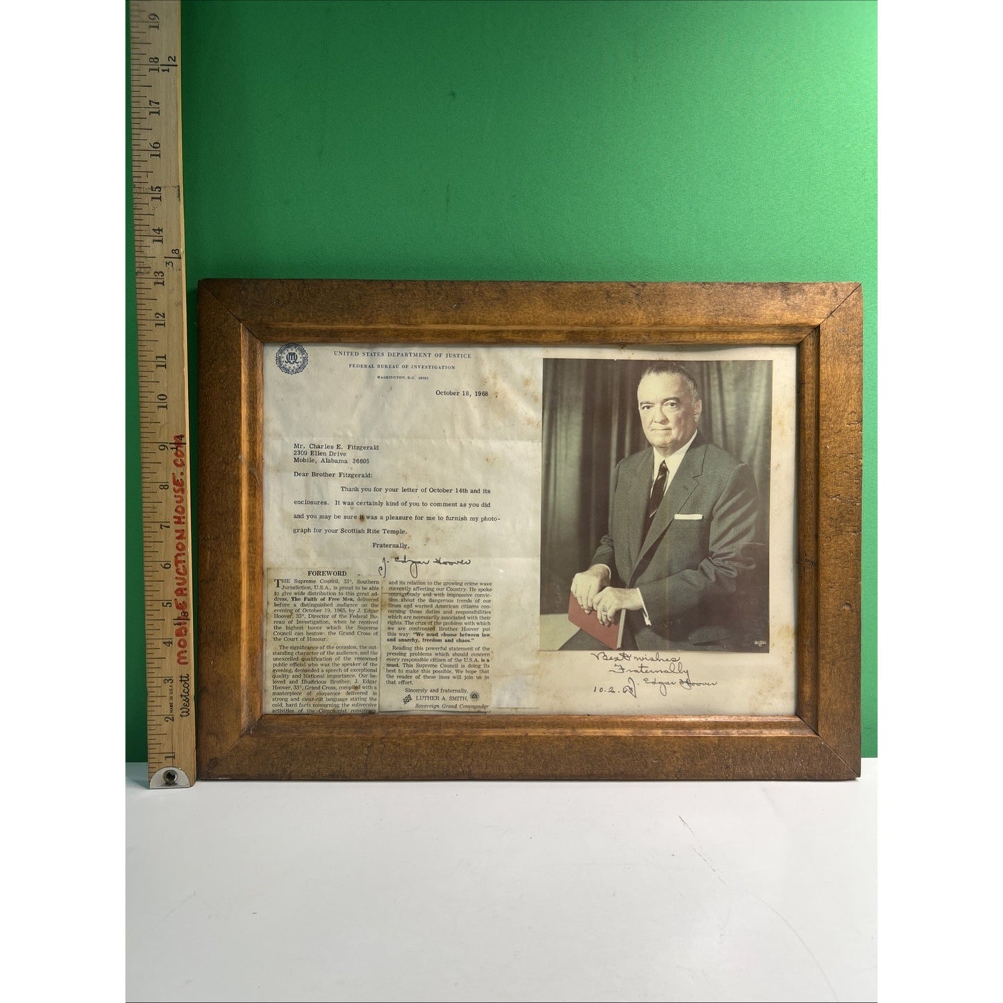 1968 J Edgar Hoover Autographed Photo FBI Director Scottish Rite Mobile Alabama