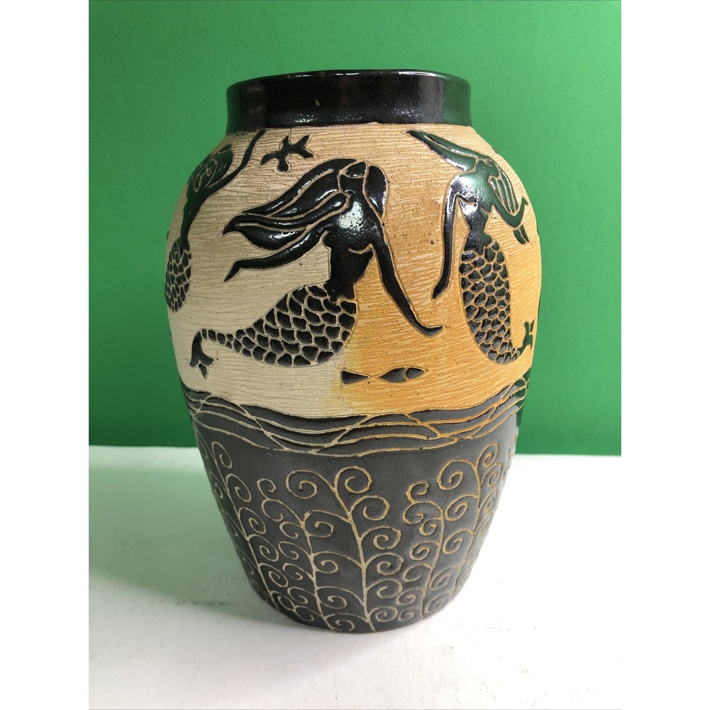 Beautiful MERMAID Vase Sgrafitto Studio Art Pottery Rich Brown Cream Orange