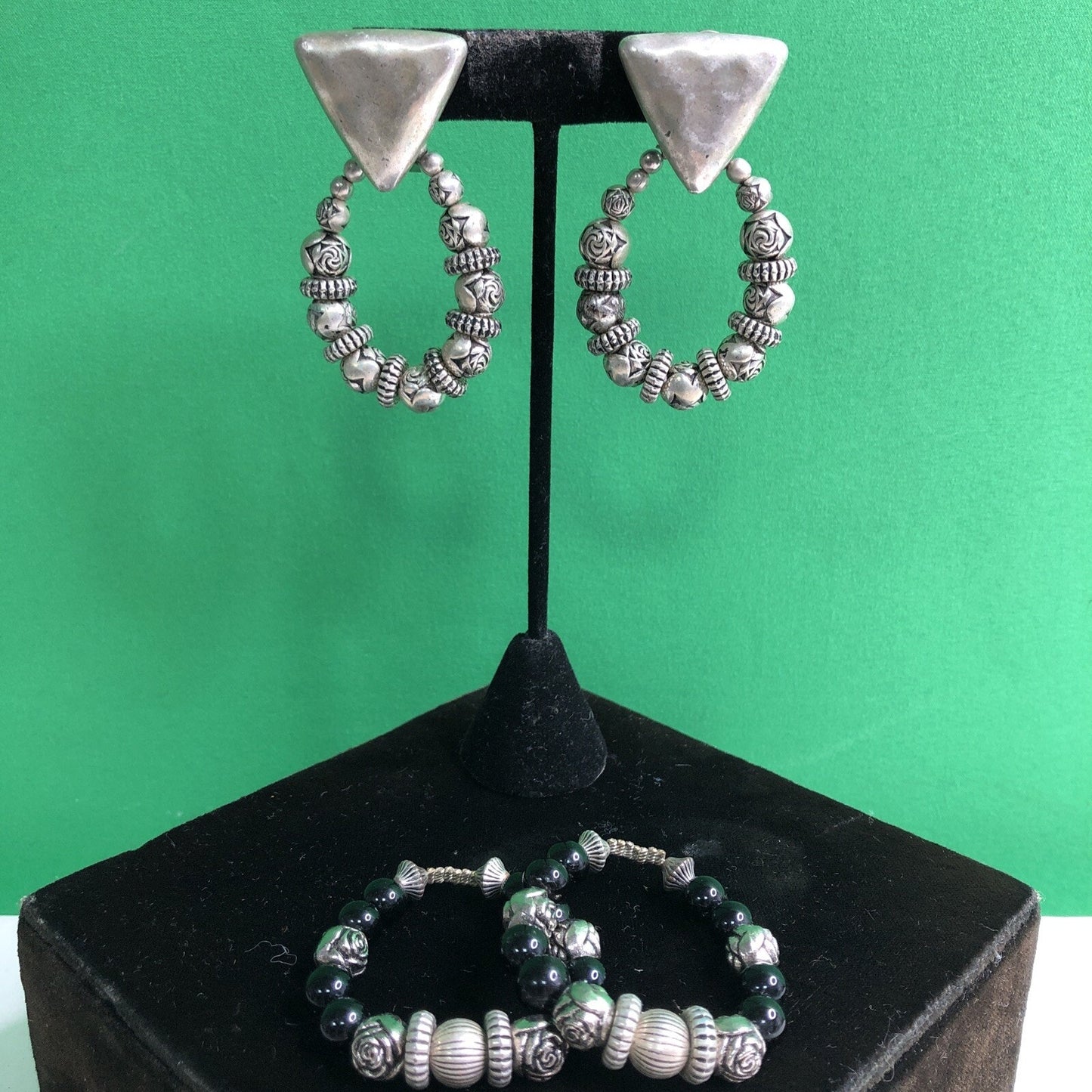 Vintage Mexican Silver Style Pierced EARRINGS w/ Interchangeable Beaded Dangles