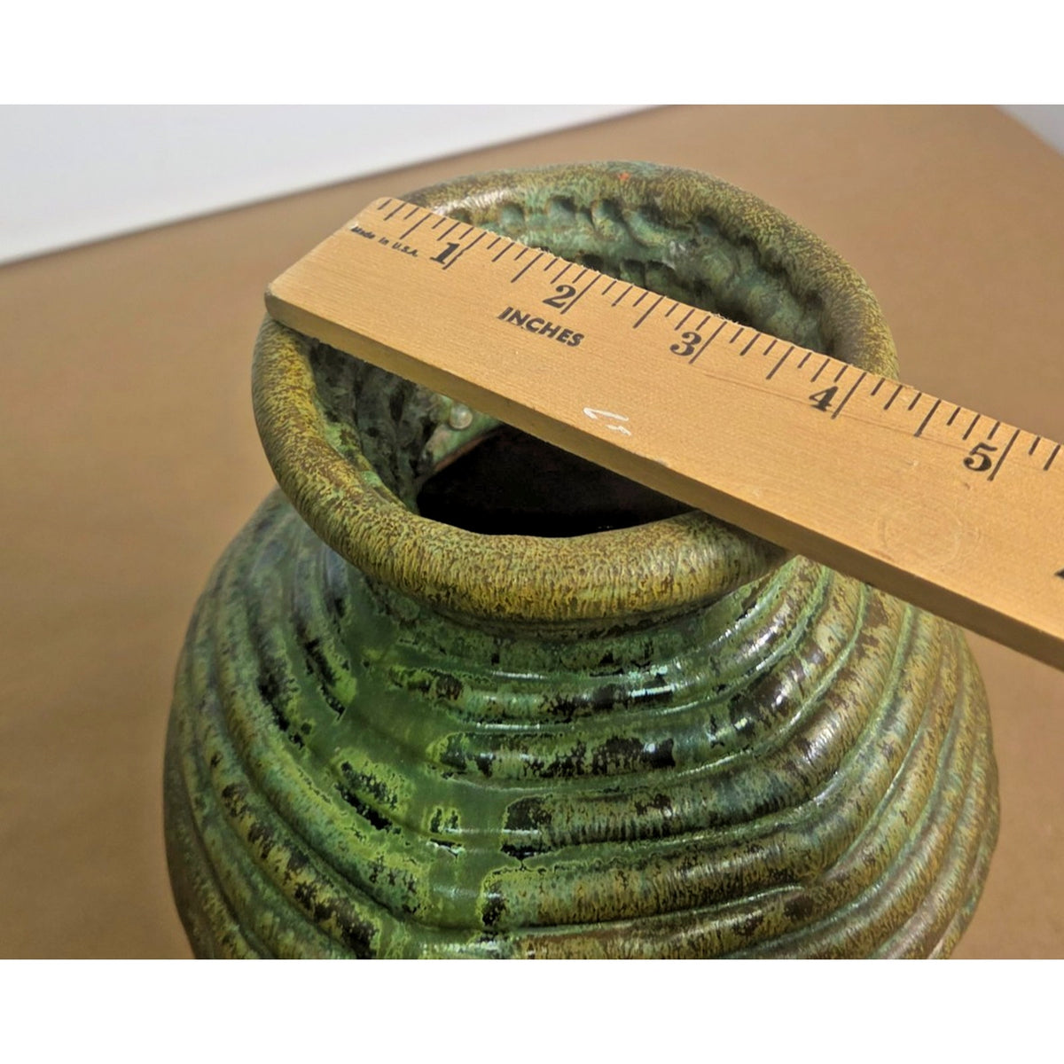 Vintage JDH Brutalist Hand-Coiled Studio Art Pottery Vase – Green & Bronze Drip
