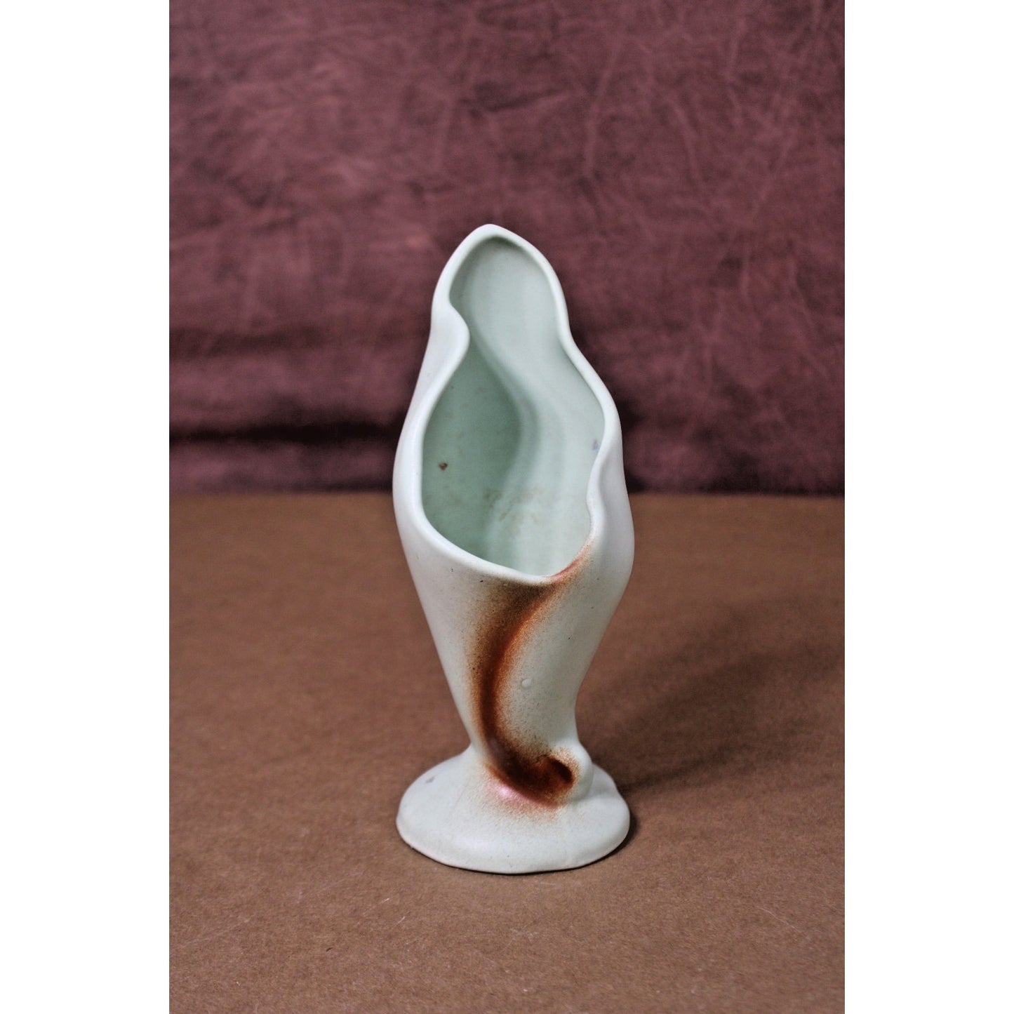 Vintage MCM Abstract Amorphous Matte Green Vase with Brown Accent, 8"H