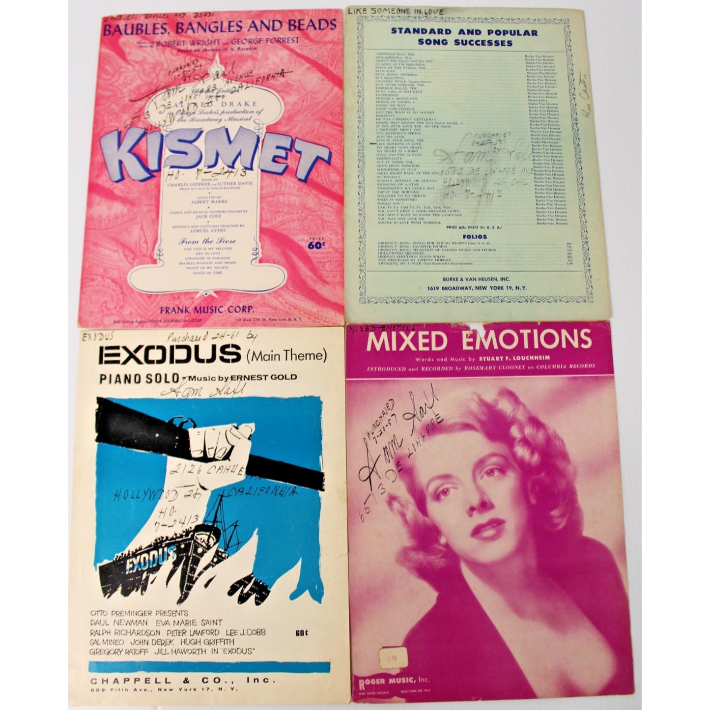 4 Vintage Pc. Sheet Music, Signed & Dated Hollywood, CA, 1950s, Professional