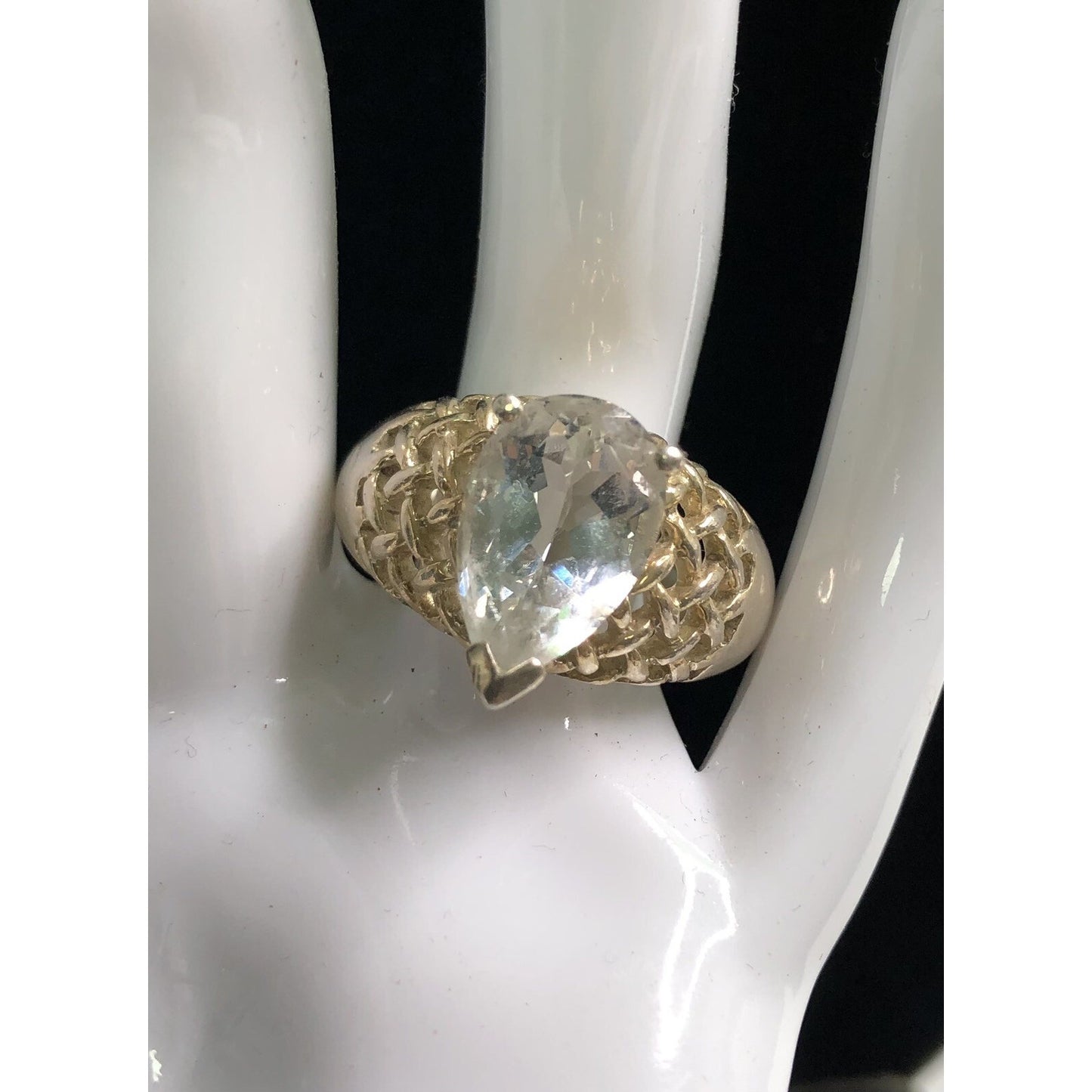 Vintage Sterling Silver RING SIZE 10 Teardrop Clear Stone Lattice Pattern Shank
