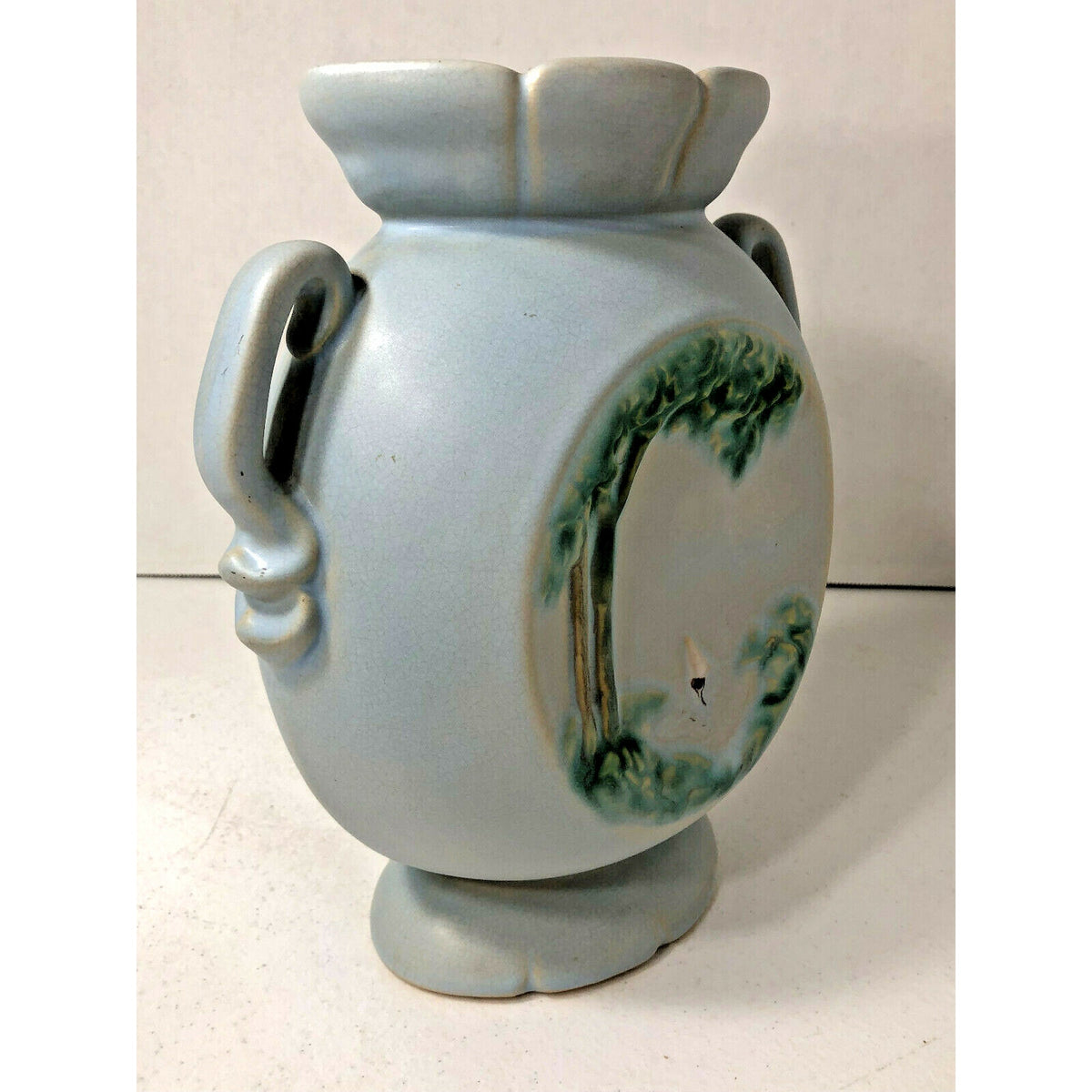 Vintage Blue Weller Art Pottery, Rare Hand-Painted Coastal Naturalist Boat Scene