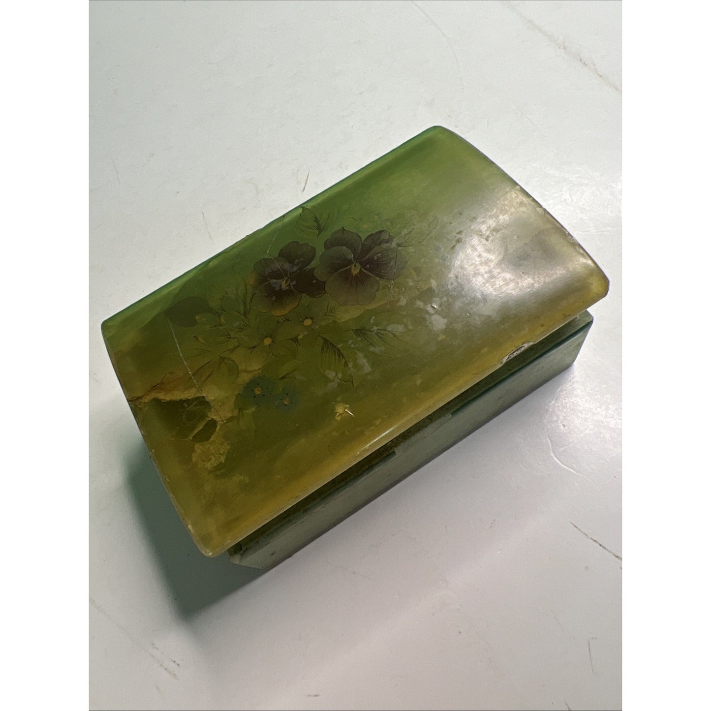 Vintage Italian Alabaster Marble Jewelry Trinket Box Pansies As Pictured