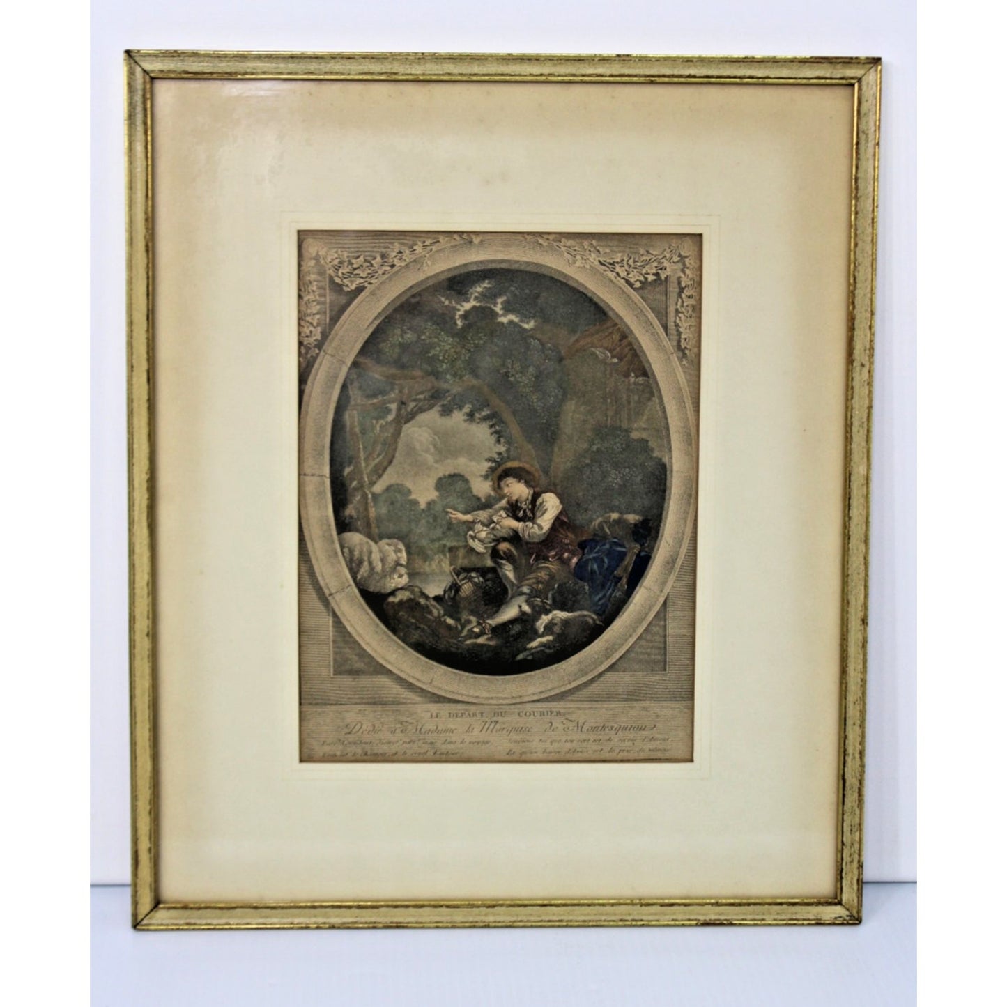 Le Depart du Courrier-Jacques-Firmin Beauvarlet, Hand-colored Engraving, Framed