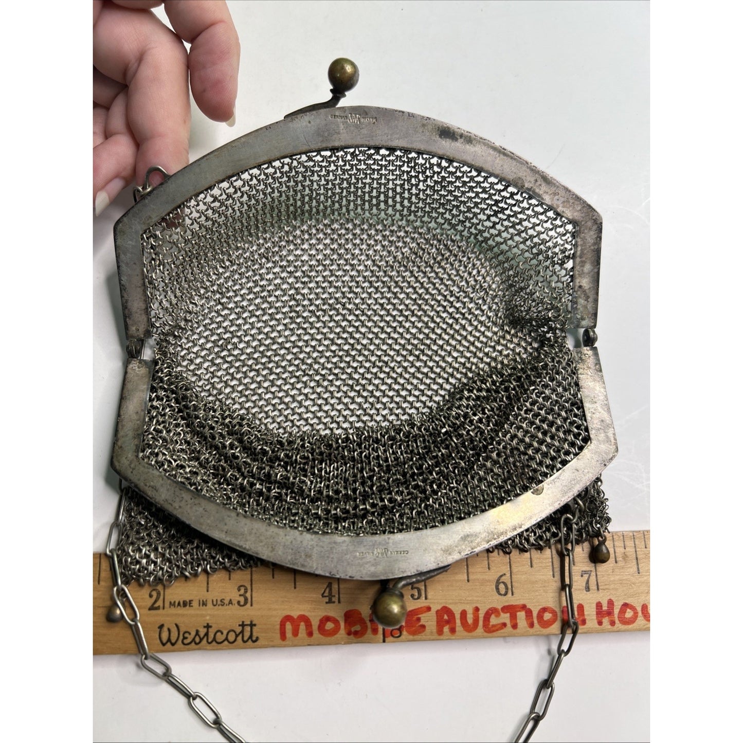 Rare Antique German Silver Chain Mesh Purse Handbag Kiss Closure Marked
