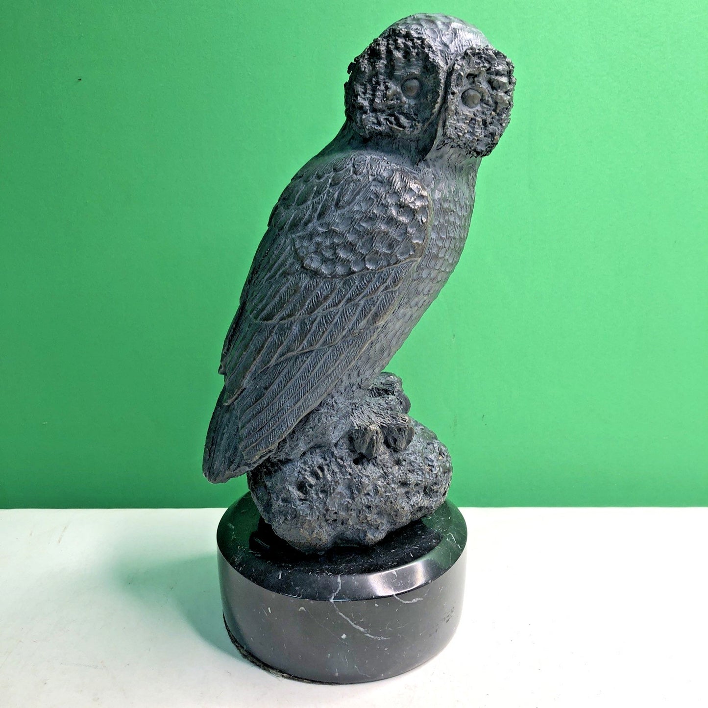 Realistic MCM Owl Bronze Sculpture Black Marble Base 11.25” Tall- 13 Pounds Bird