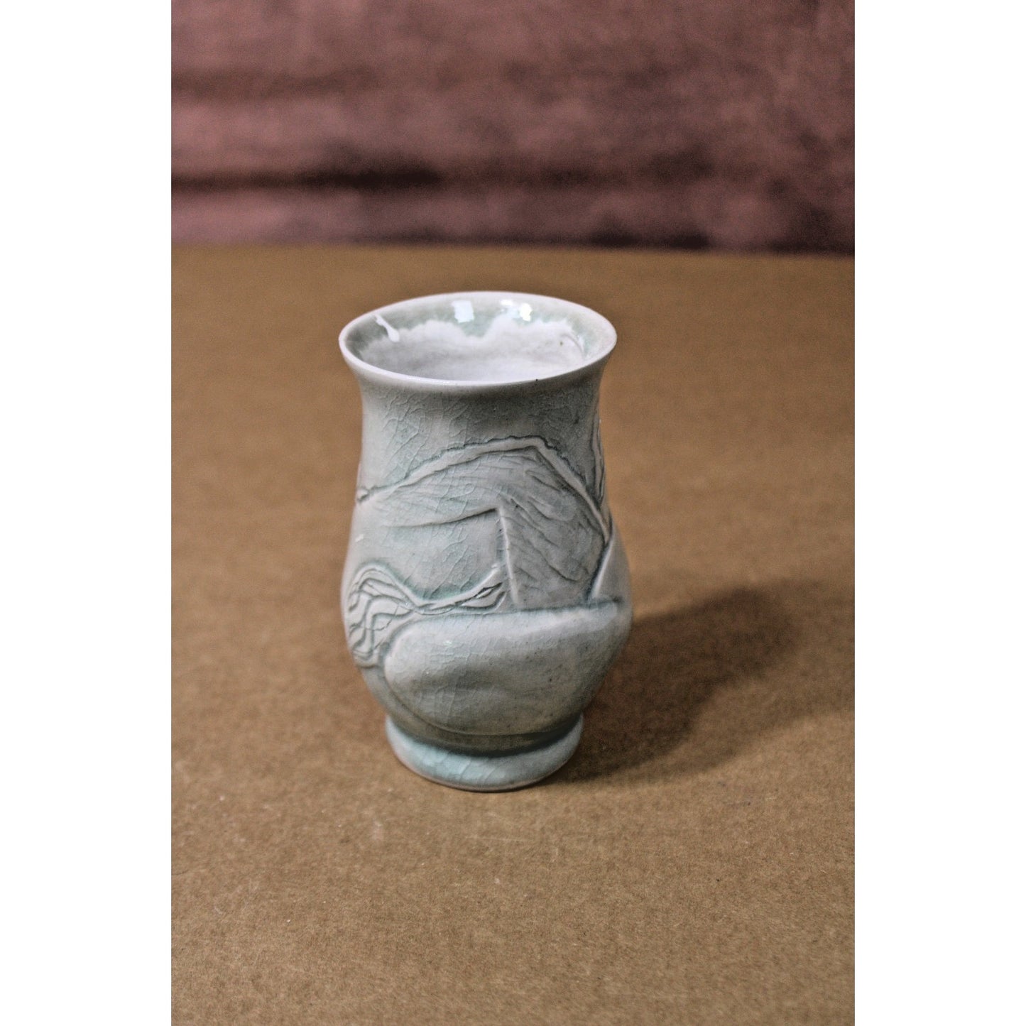 Vintage 5-inch Celadon Vase with Raised Relief Abstract Design, Unmarked
