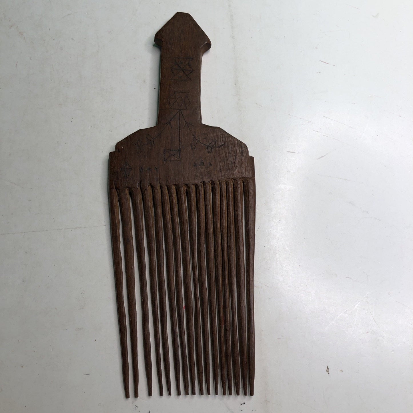 African Baule Tribe Wood Hair Pick Comb Hand Carved 10.25”