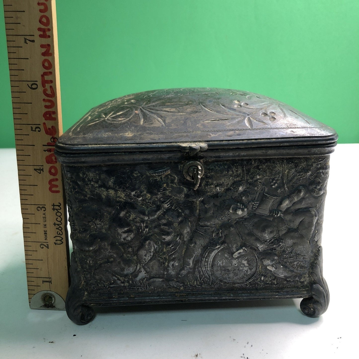 Antique Reed & Barton Silverplate Humidor #130 Cherubs With Key Monogrammed Top
