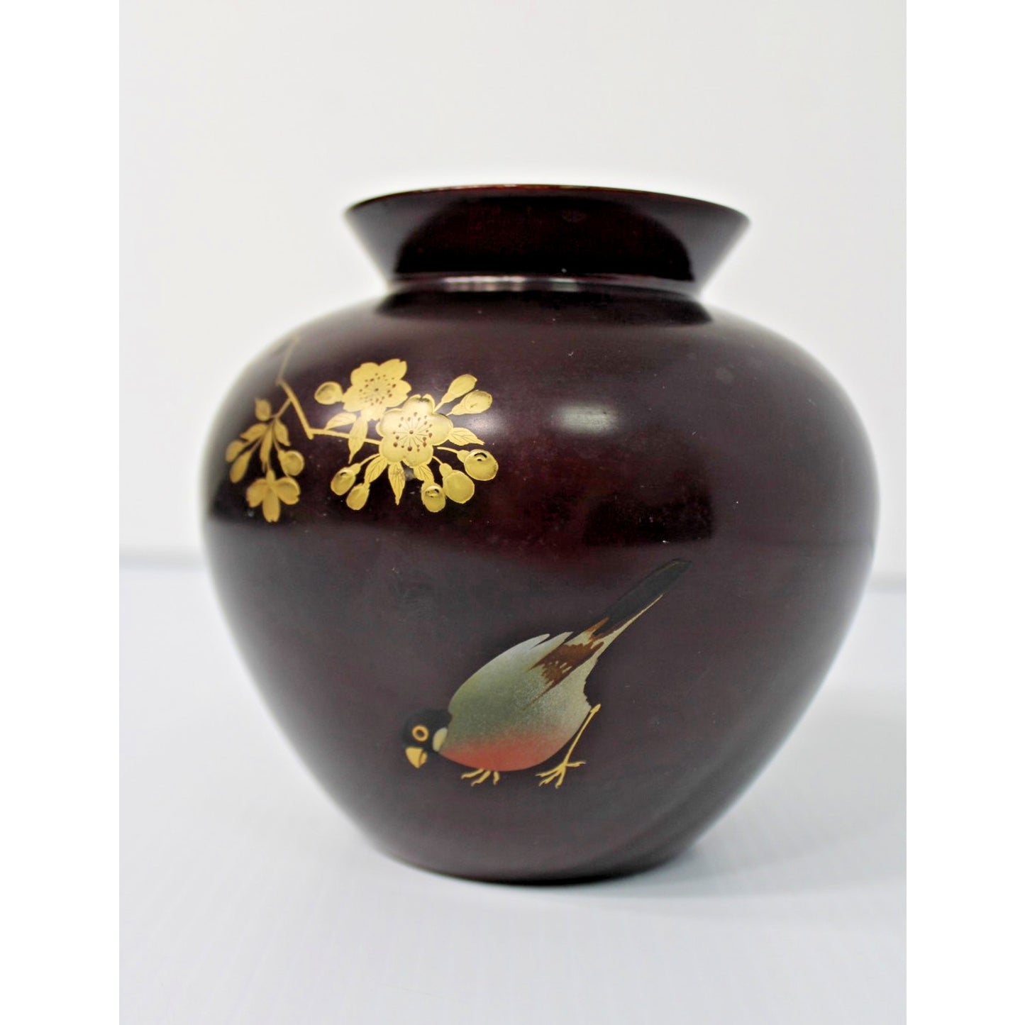 Vintage Japanese Bronzed Pottery Vase, Gilt Robin/ Bird Cherry Blossom Branch