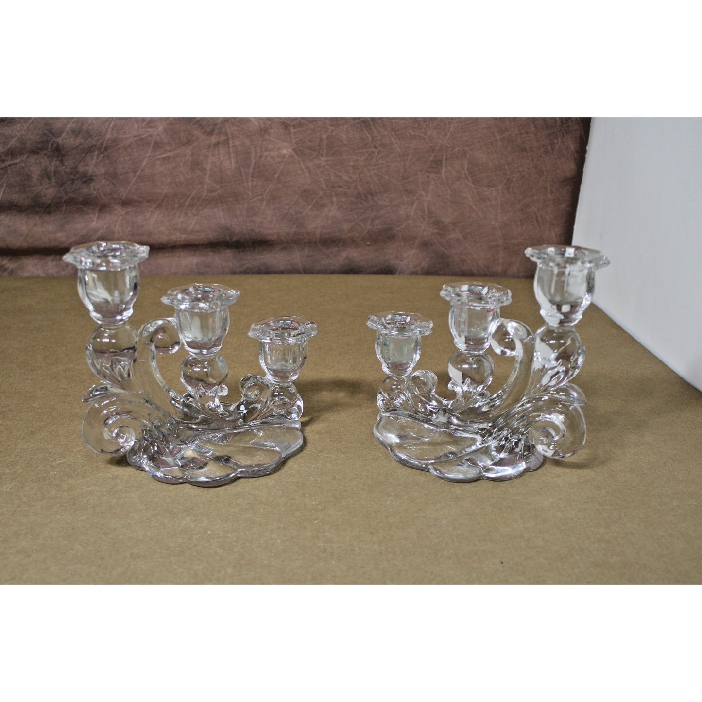 2 Vintage Cambridge Caprice 3 Light Candelabra Clear Glass Candle Holders 1950s