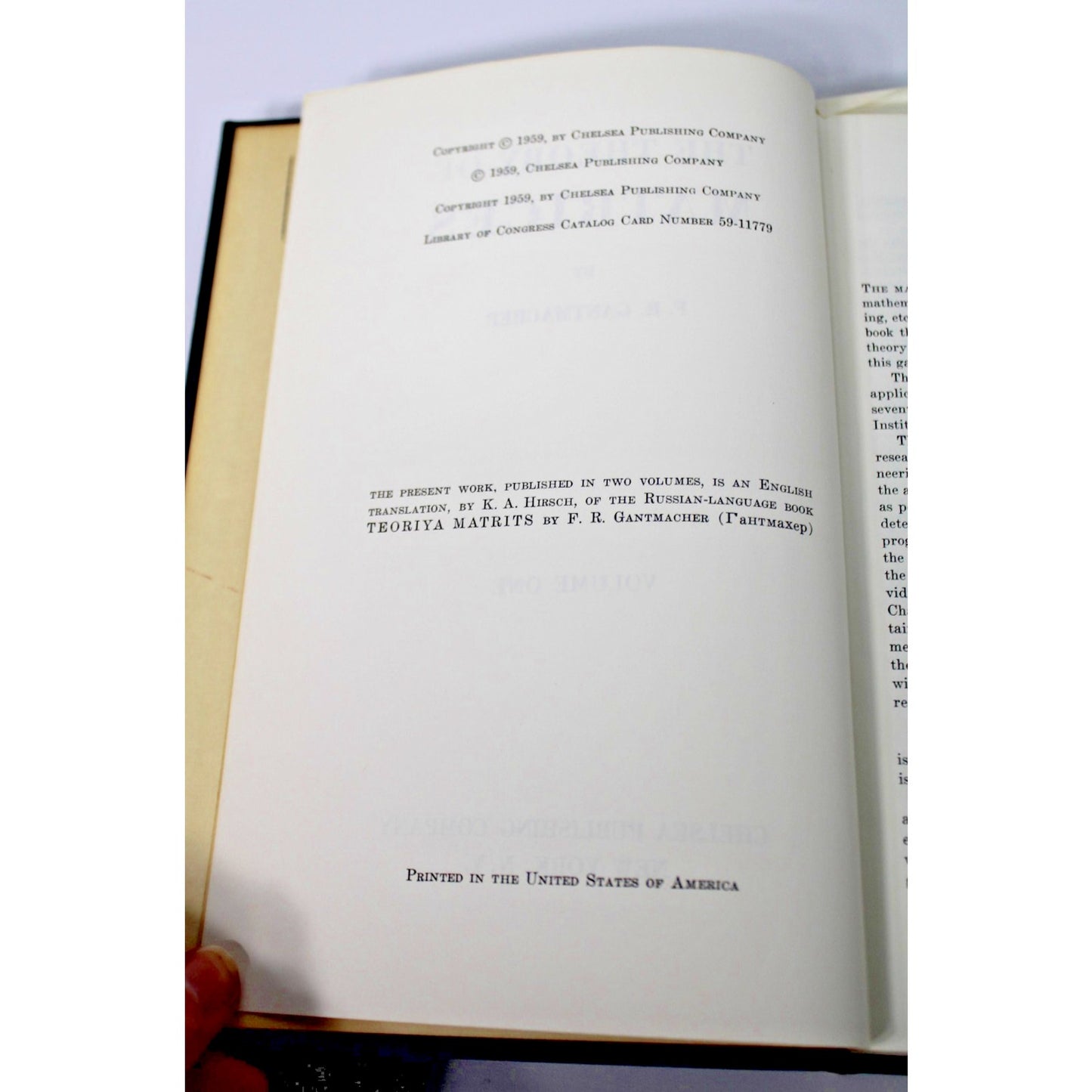 USCEC Matrix Theory, The Theory of Matrices Vol. 1- F.R. Gantmacher, 1959 HC