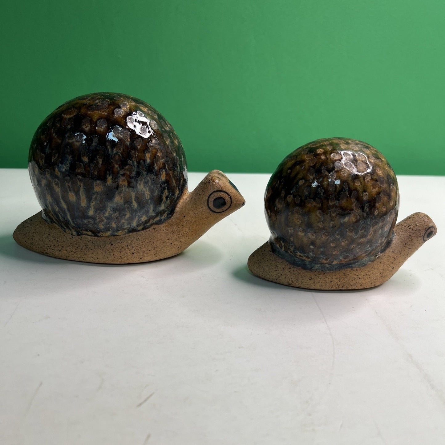 Lot 2 Pair Mexican Pottery Snails Marked Made in Mexico Snail Mottled Glazed