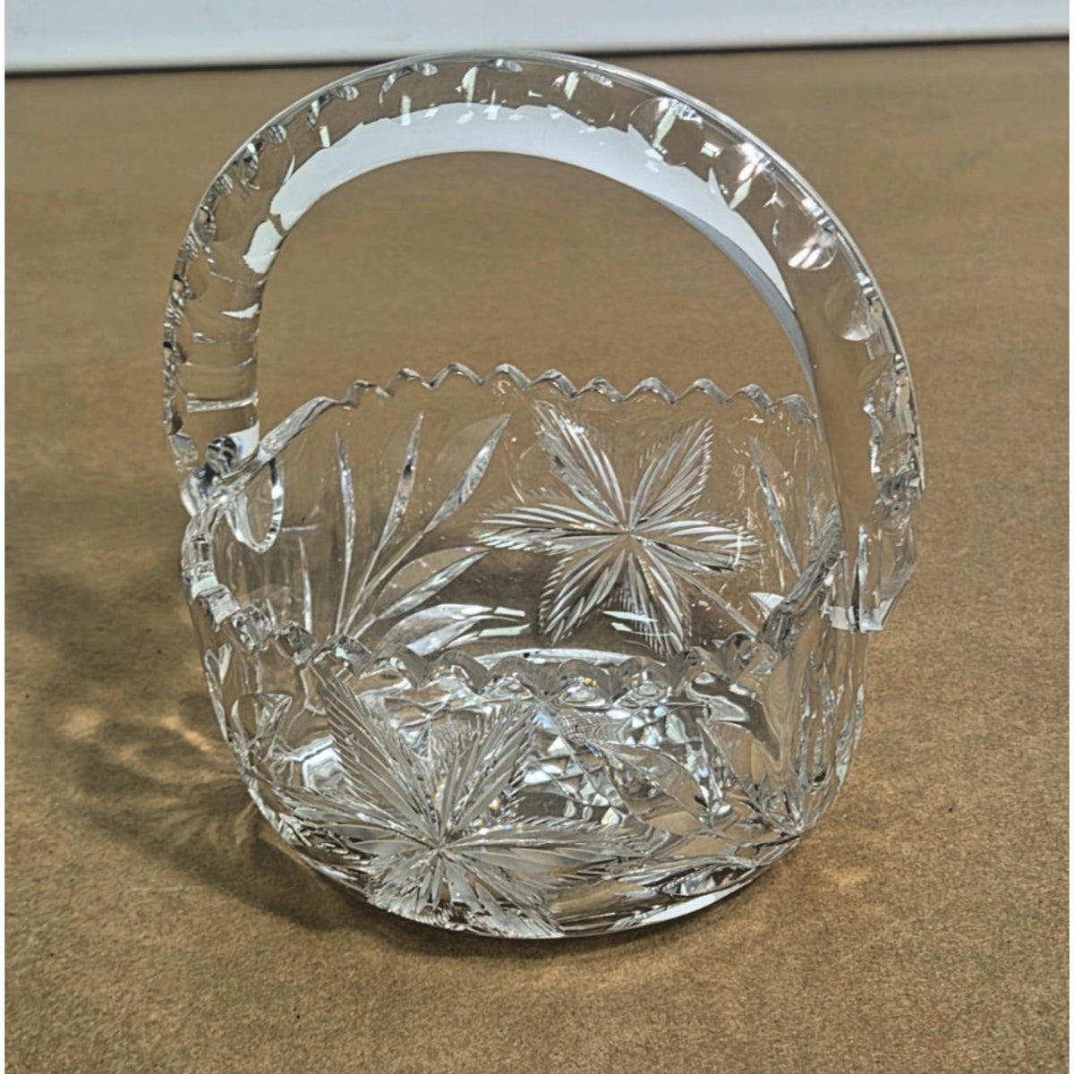 Vintage Hand-Cut Lead Crystal Basket - Bohemian Pinwheel & Leaf Star - 6 Inch