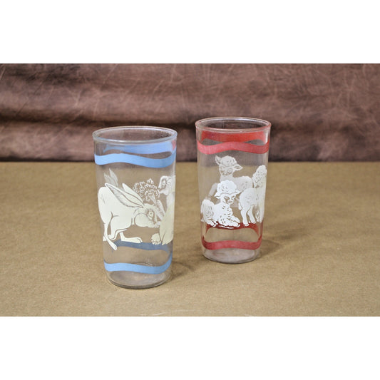 Vintage Libby Little Lamb/ Hungry Bunny Pair of Glasses/ Tumblers 5.25"H