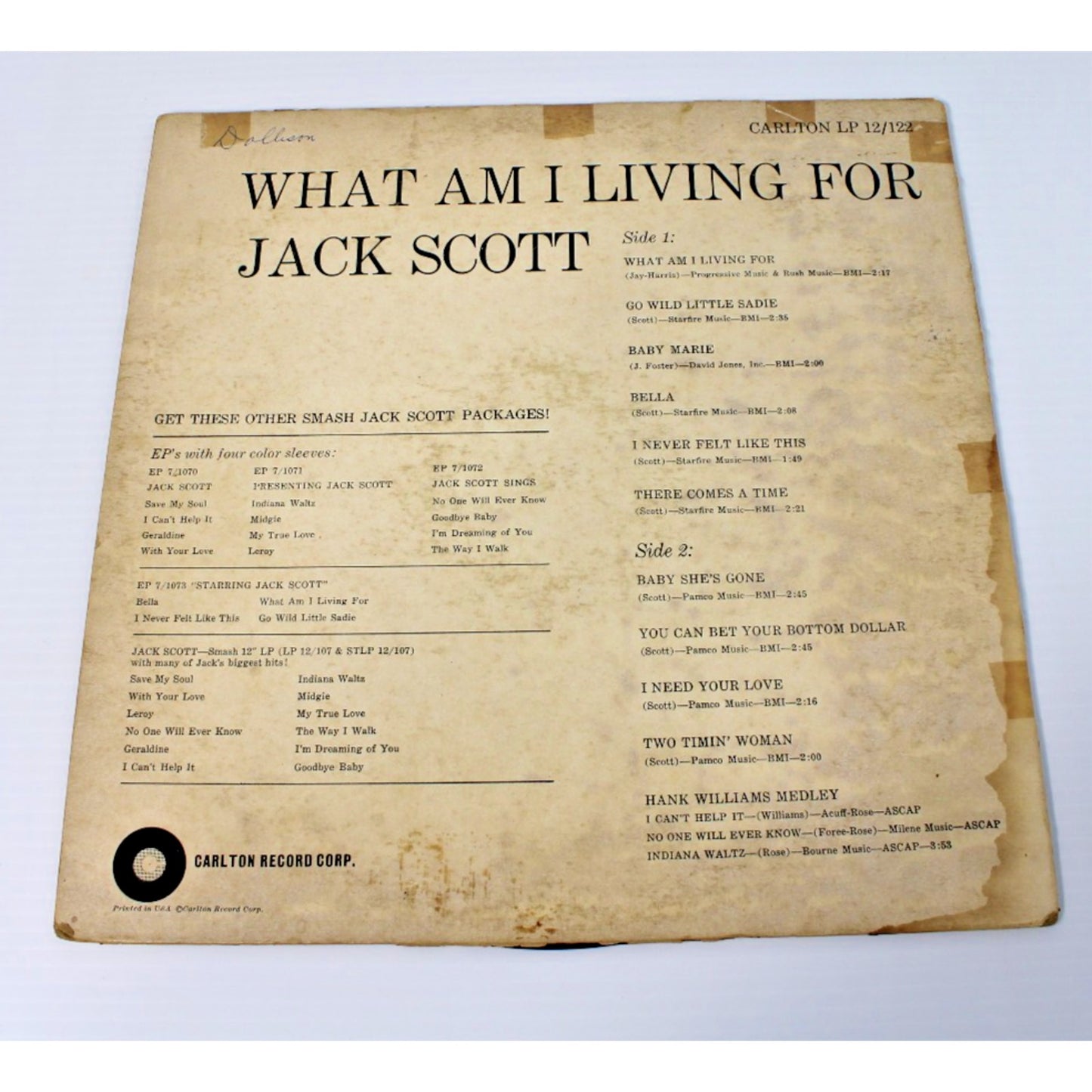 Jack Scott- What Am I Living For! 1960, Carlton LP 12/122 Canadian Rockabilly VG