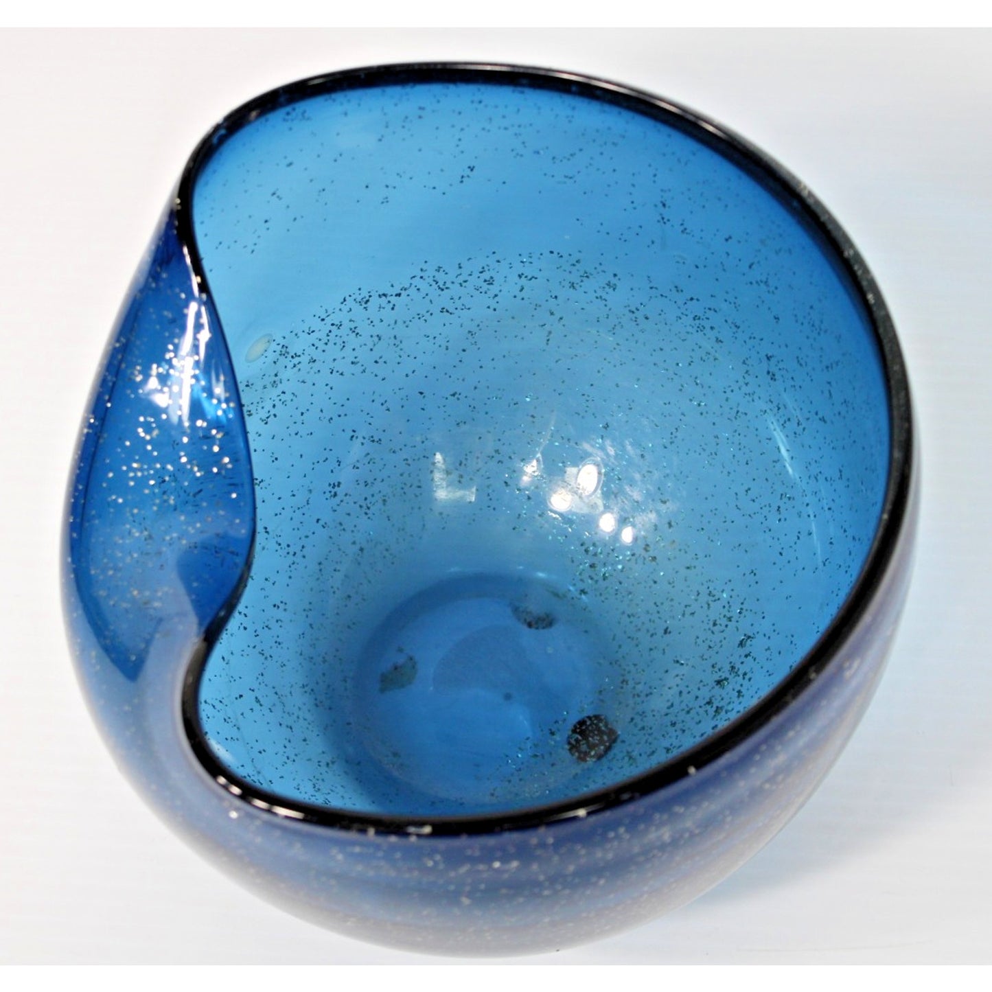 Vintage 60s Mod Blue Glass Vessel with Glitter Flake, Folded Rim Bowl- Gorgeous!